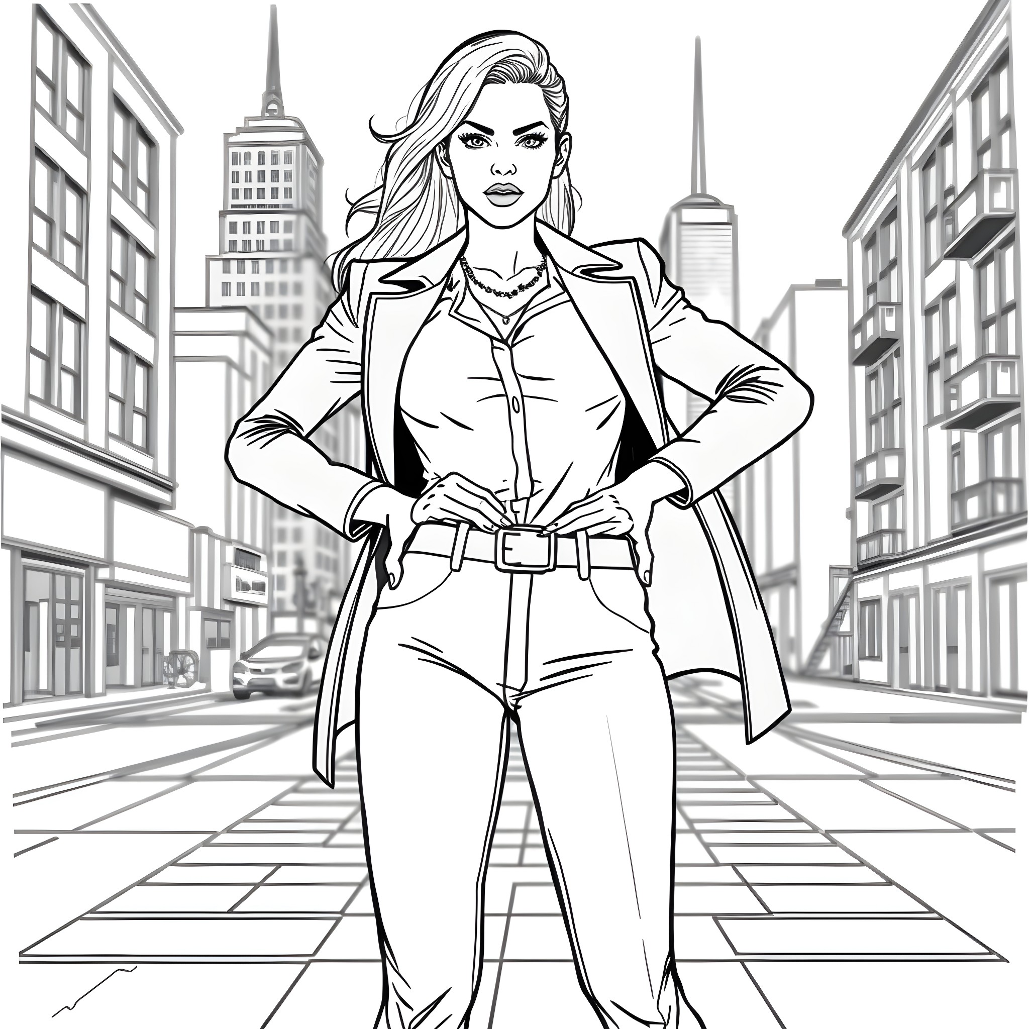 Woman in a stylish outfit posing confidently in the city Coloring Page (free black-and-white line drawing printable PDF for all, from beginners to advanced learners, including children, teens, adults, and seniors)