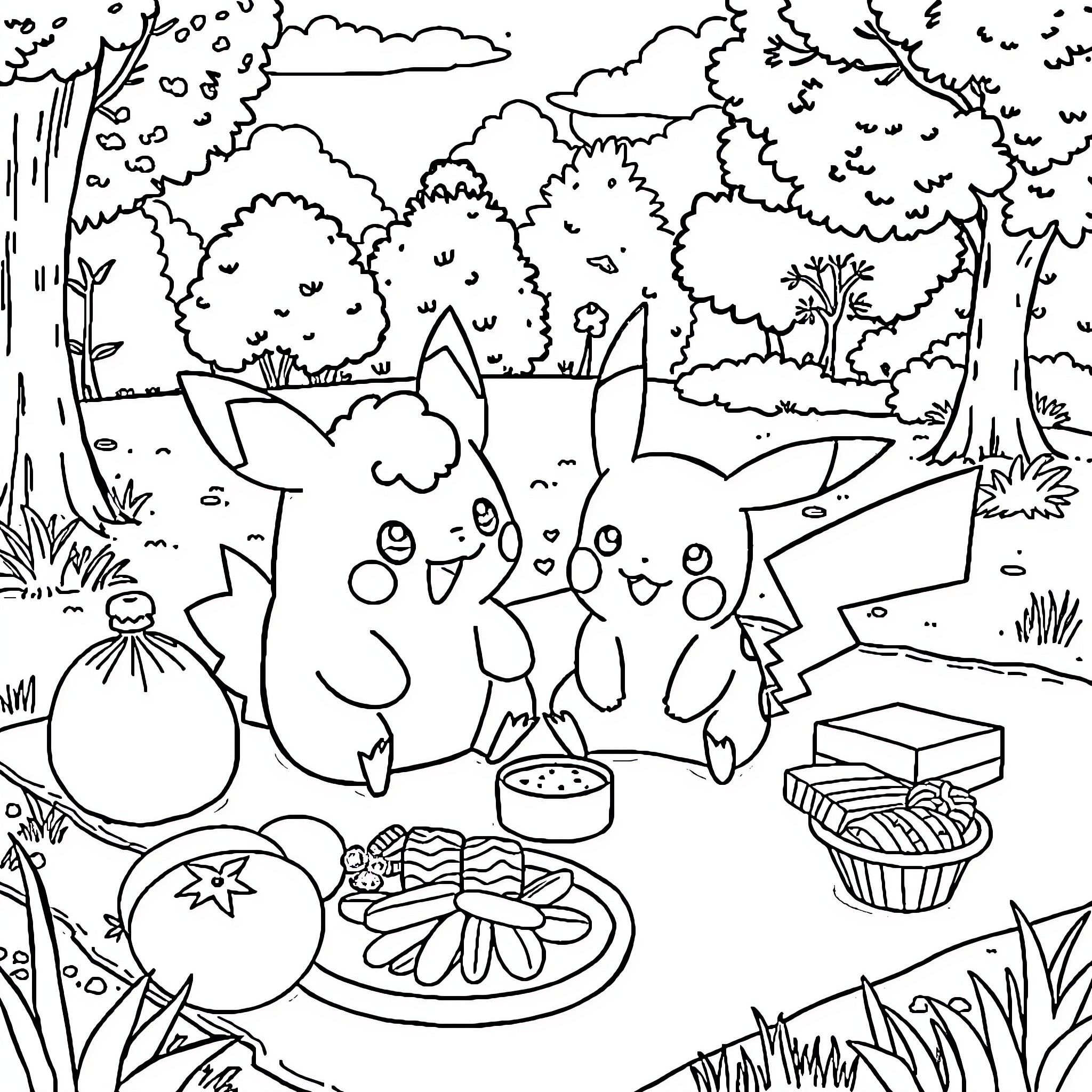 Mudkip picnicking in the serene forest Coloring Page (free black-and-white line drawing printable PDF for all, from beginners to advanced learners, including children, teens, adults, and seniors)