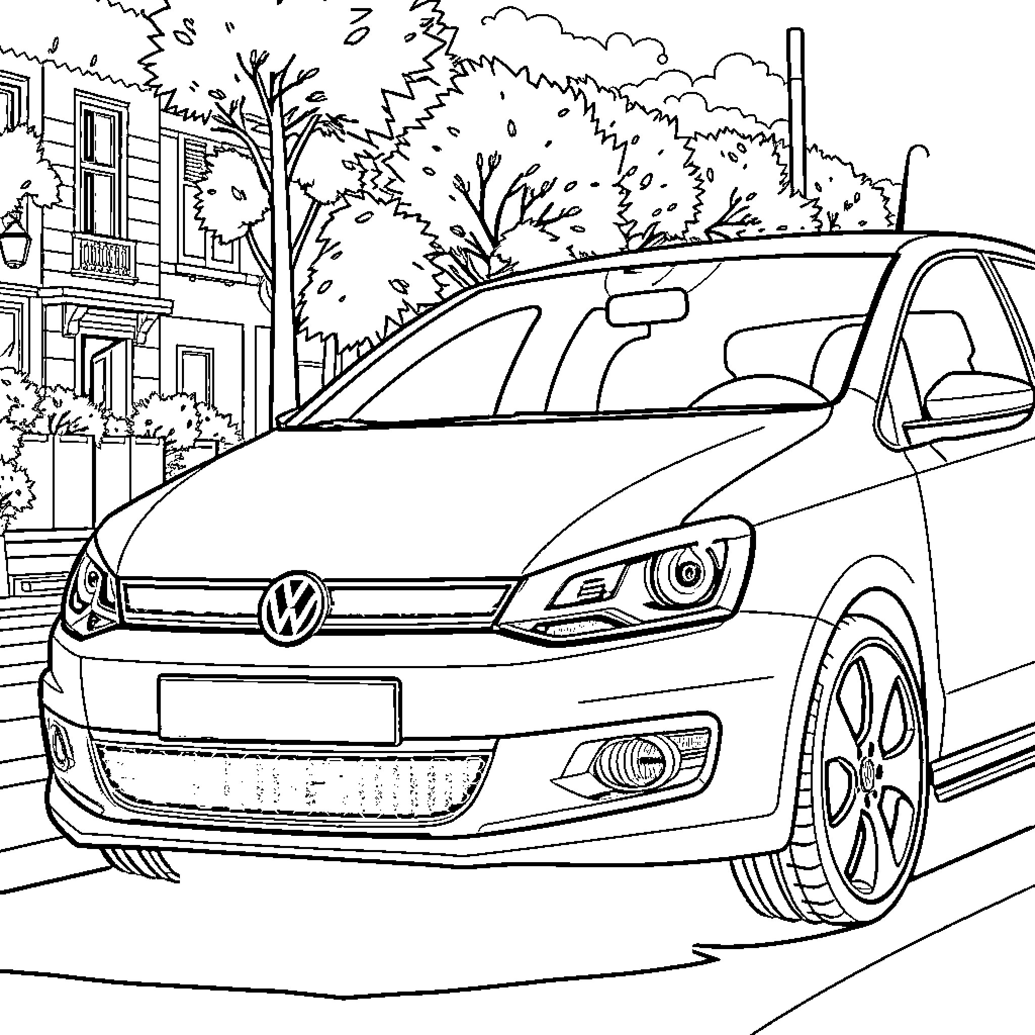 VW Polo car parked on the street Coloring Page (free black-and-white line drawing printable PDF for all, from beginners to advanced learners, including children, teens, adults, and seniors)