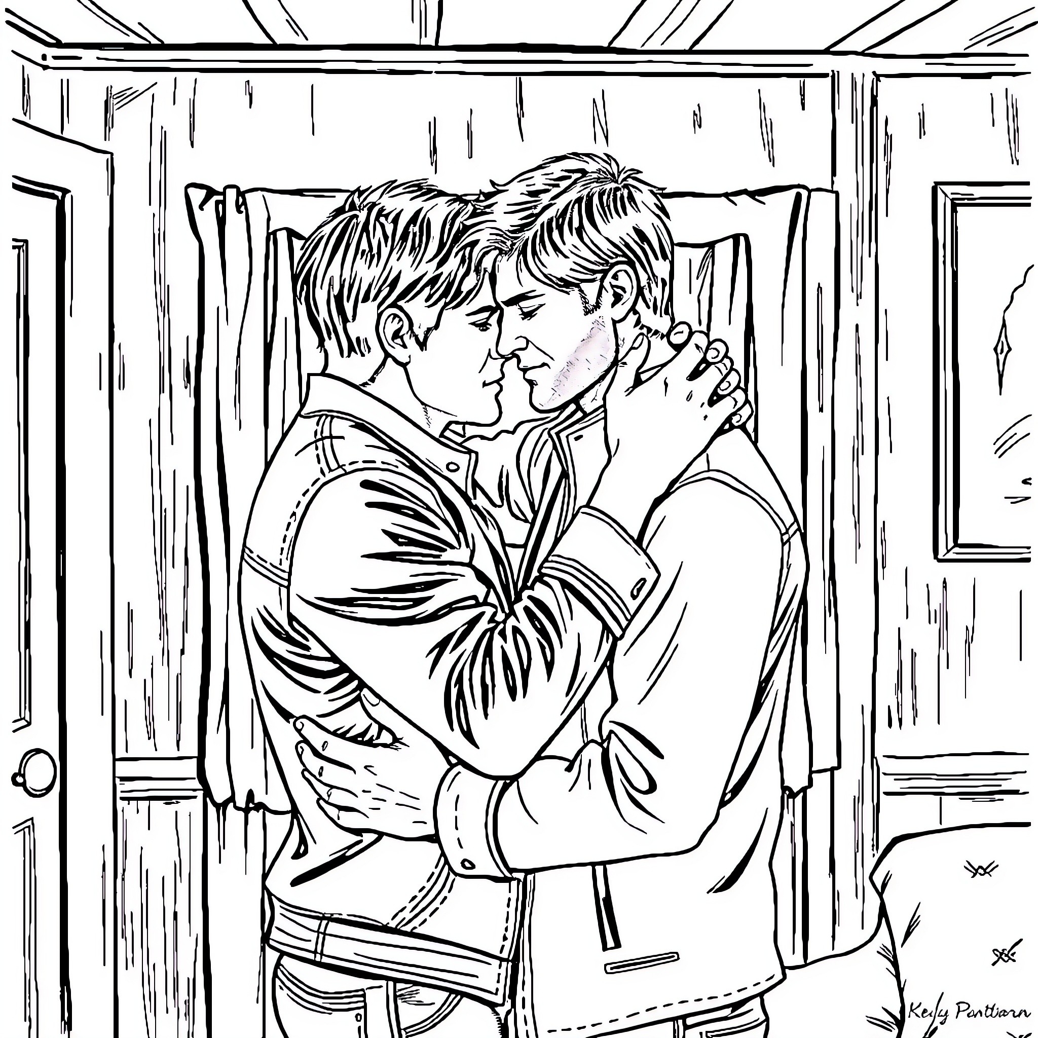 Sam and Dean in a tender moment Coloring Page (free black-and-white line drawing printable PDF for all, from beginners to advanced learners, including children, teens, adults, and seniors)