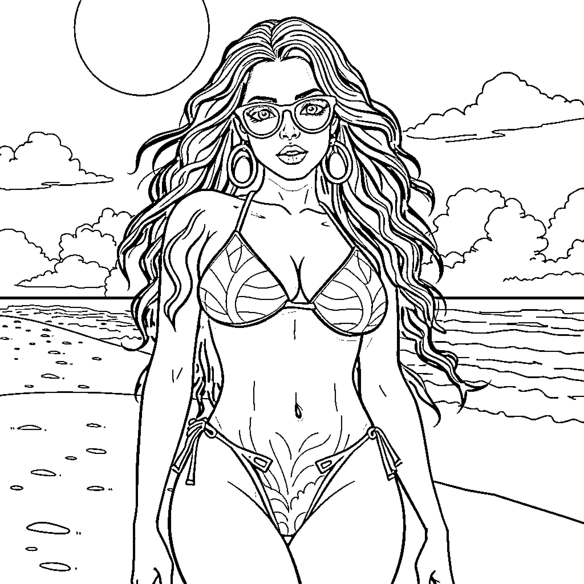 Mina Luxx posing confidently on the beach Coloring Page (free black-and-white line drawing printable PDF for all, from beginners to advanced learners, including children, teens, adults, and seniors)