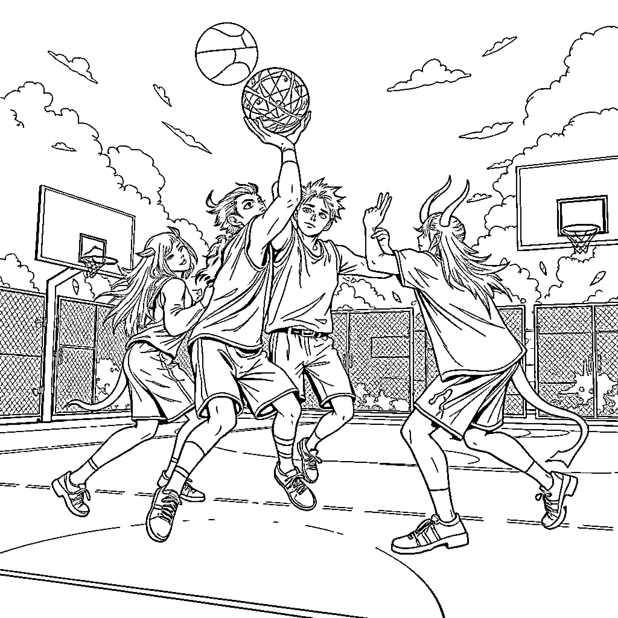 Demon Hunter Duo Showcasing Basketball Skills on Court Coloring Page (free black-and-white line drawing printable PDF for all, from beginners to advanced learners, including children, teens, adults, and seniors)