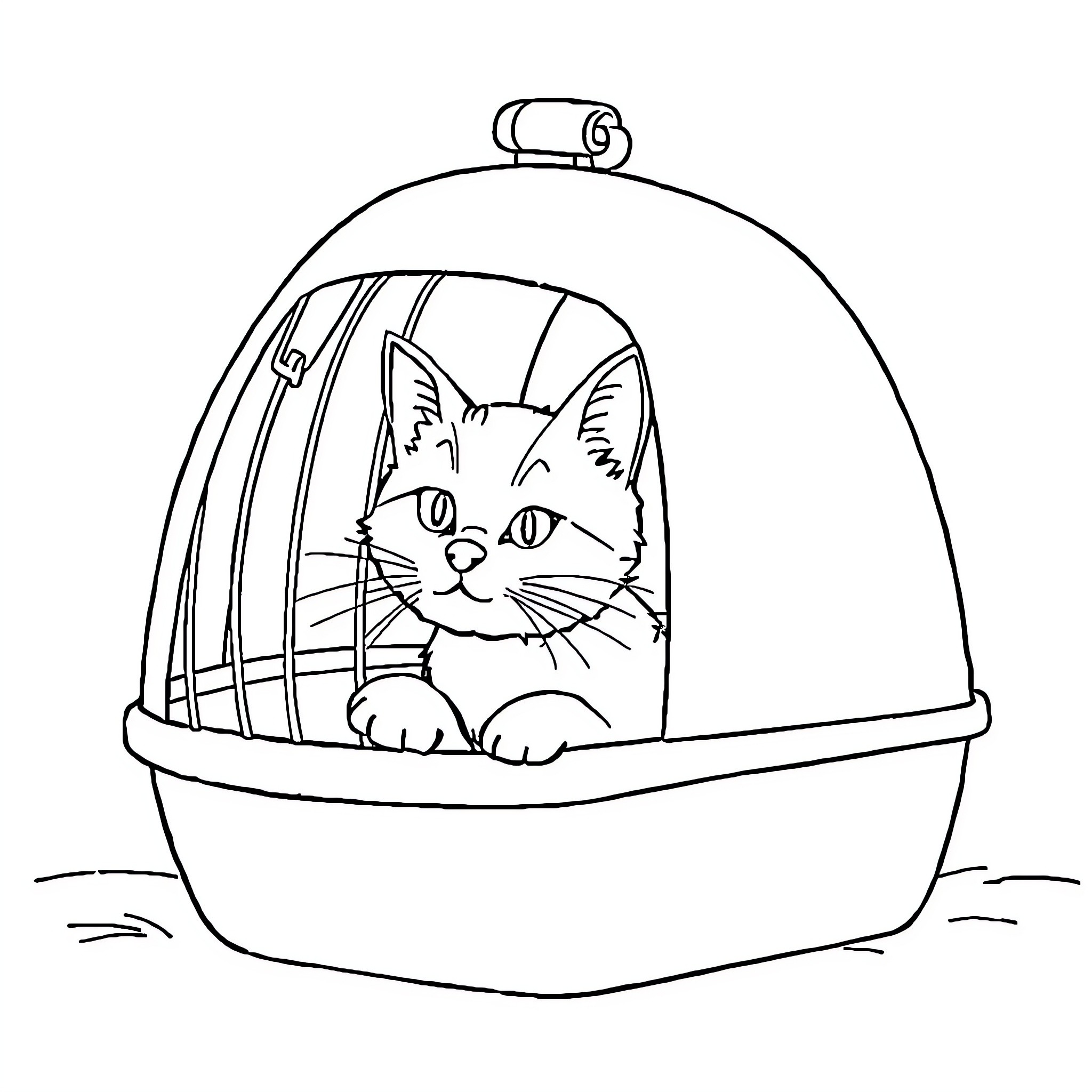 Cat in a pet carrier Coloring Page (free black-and-white line drawing printable PDF for all, from beginners to advanced learners, including children, teens, adults, and seniors)