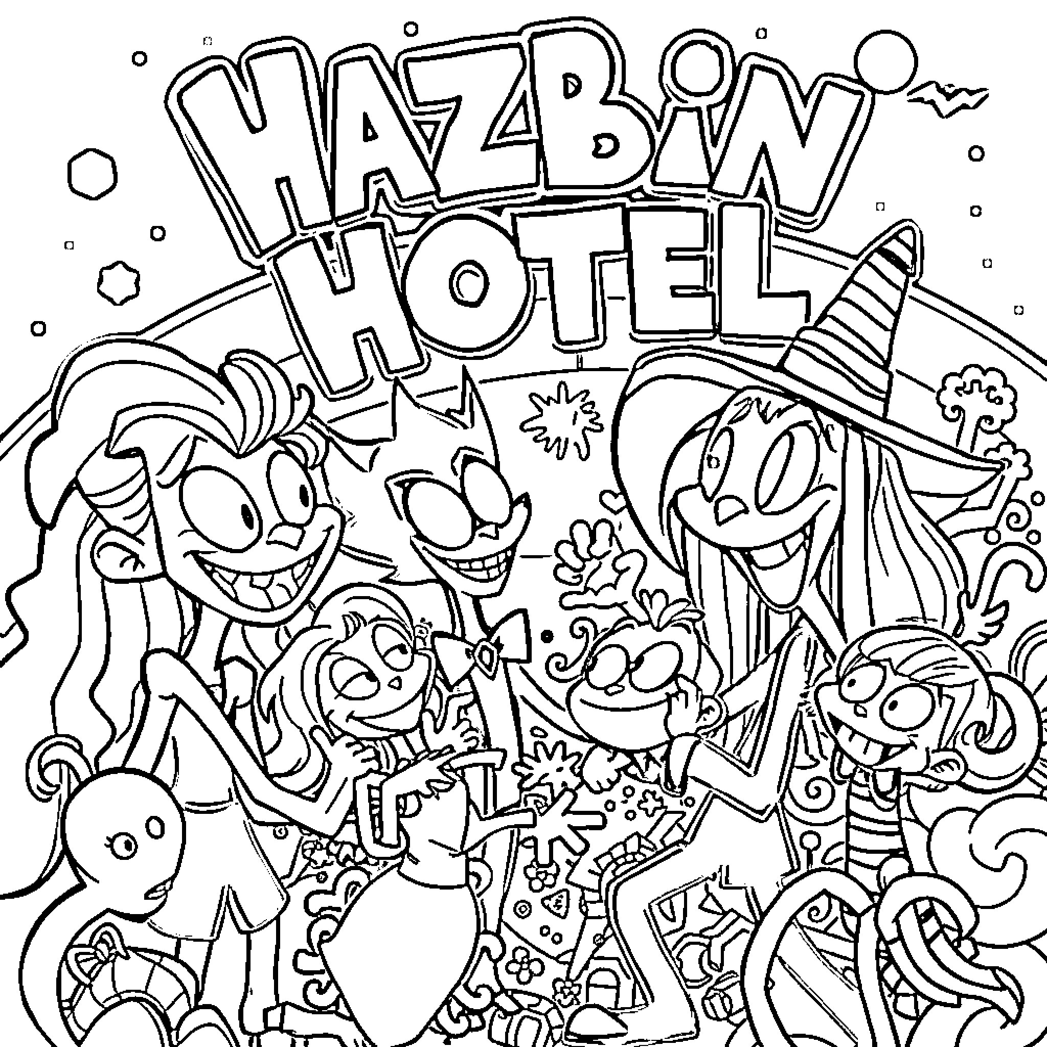 Hazbin Hotel Characters in Lively Scene Coloring Page (free black-and-white line drawing printable PDF for all, from beginners to advanced learners, including children, teens, adults, and seniors)