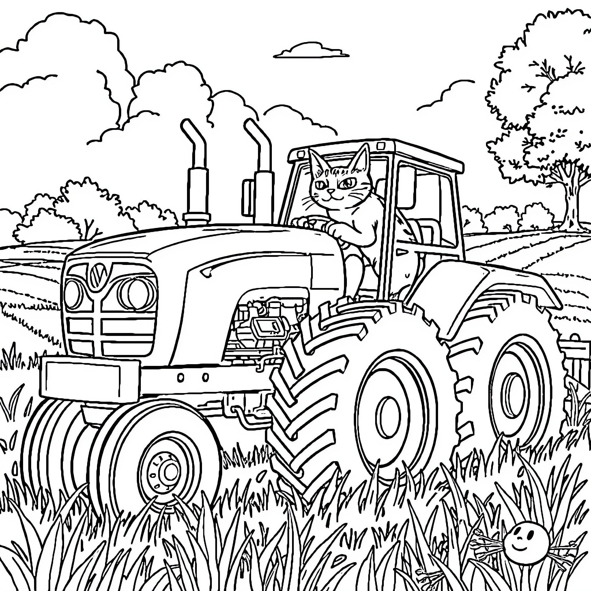 Cat operating a tractor in the countryside Coloring Page (free black-and-white line drawing printable PDF for all, from beginners to advanced learners, including children, teens, adults, and seniors)