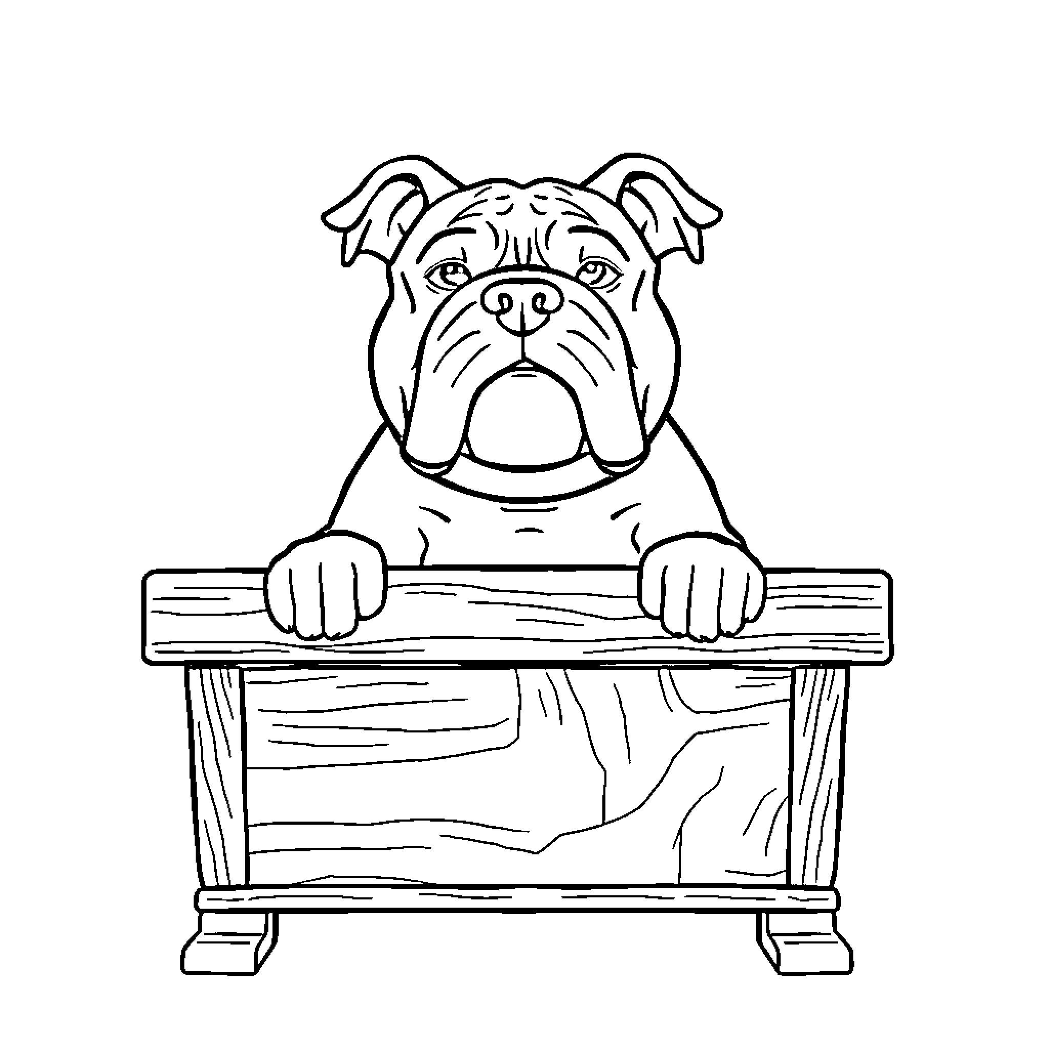 Bulldog resting comfortably on wooden bench Coloring Page (free black-and-white line drawing printable PDF for all, from beginners to advanced learners, including children, teens, adults, and seniors)
