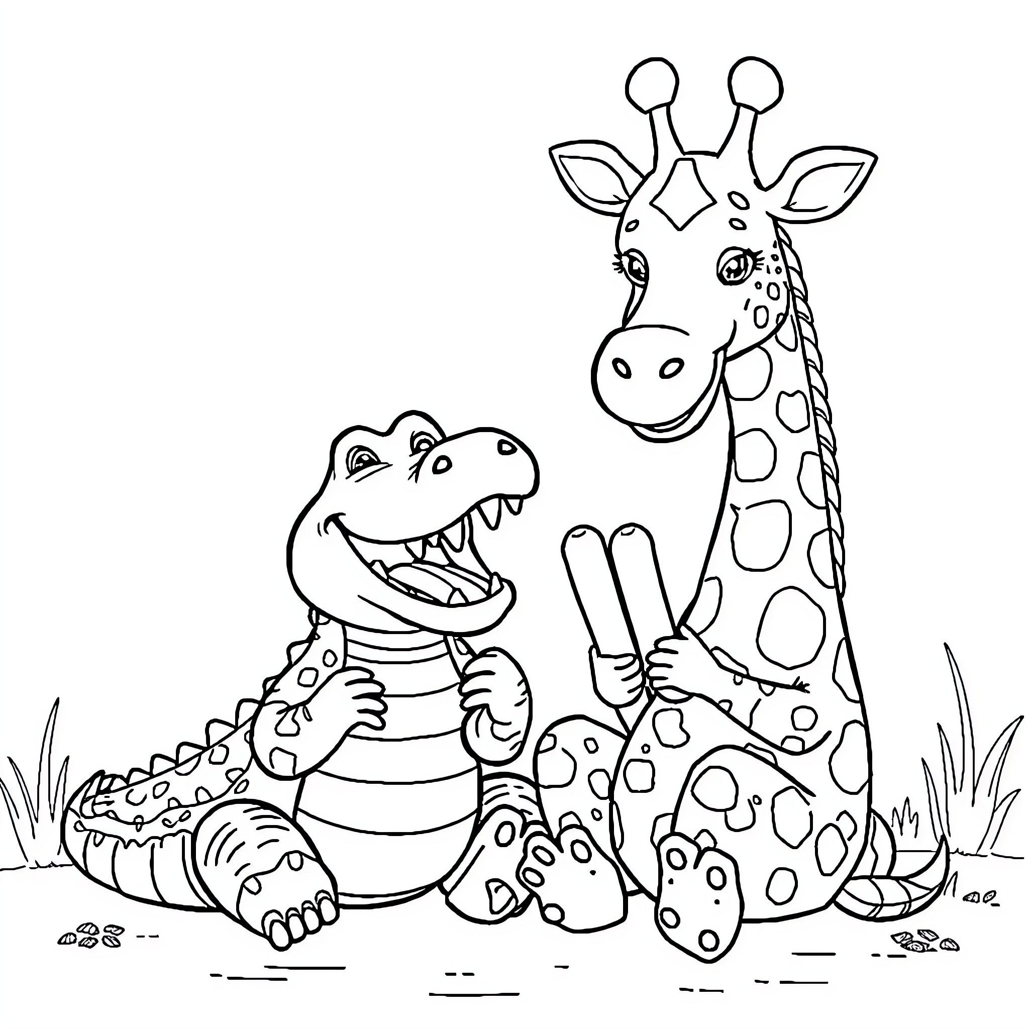 Alligator and giraffe playing together in the wild Coloring Page (free black-and-white line drawing printable PDF for all, from beginners to advanced learners, including children, teens, adults, and seniors)