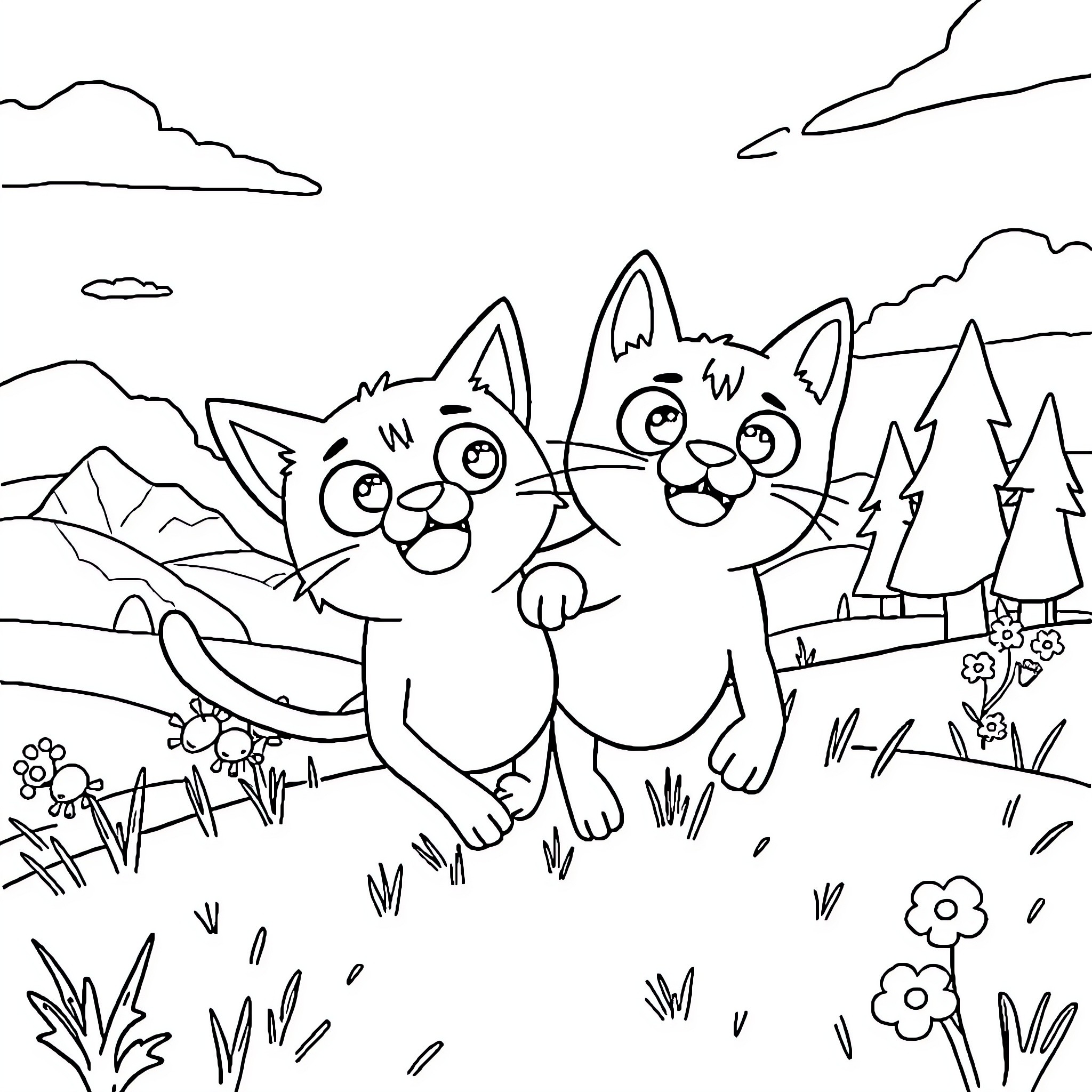 Cats playing happily in a scenic landscape Coloring Page (free black-and-white line drawing printable PDF for all, from beginners to advanced learners, including children, teens, adults, and seniors)
