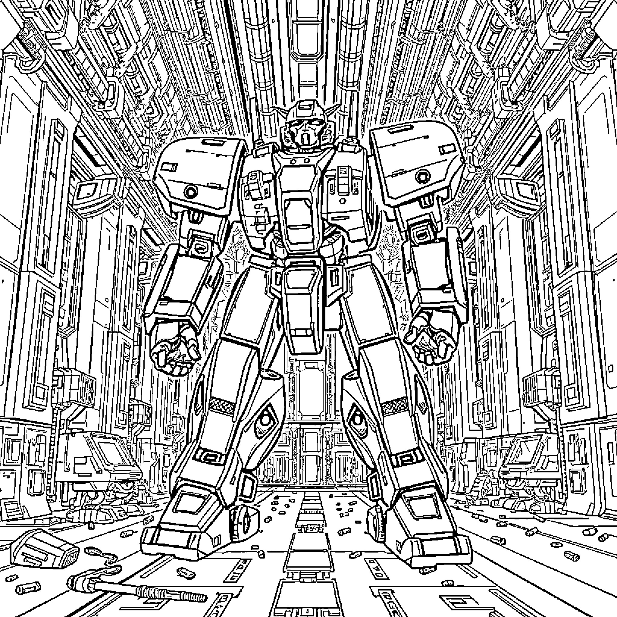 Mech Robot Stands Tall in Futuristic City Coloring Page (free black-and-white line drawing printable PDF for all, from beginners to advanced learners, including children, teens, adults, and seniors)
