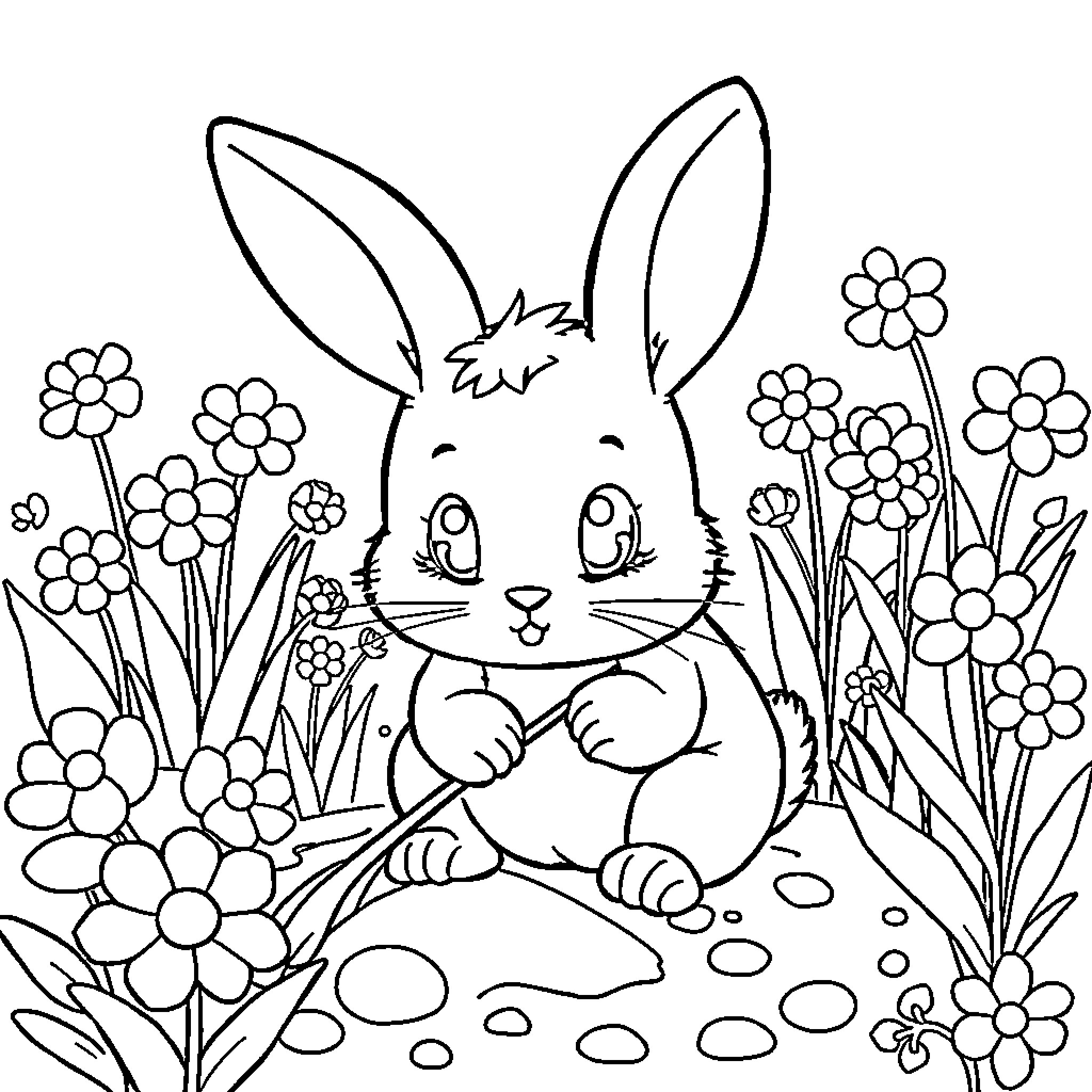 Bunny surrounded by blooming flowers Coloring Page (free black-and-white line drawing printable PDF for all, from beginners to advanced learners, including children, teens, adults, and seniors)