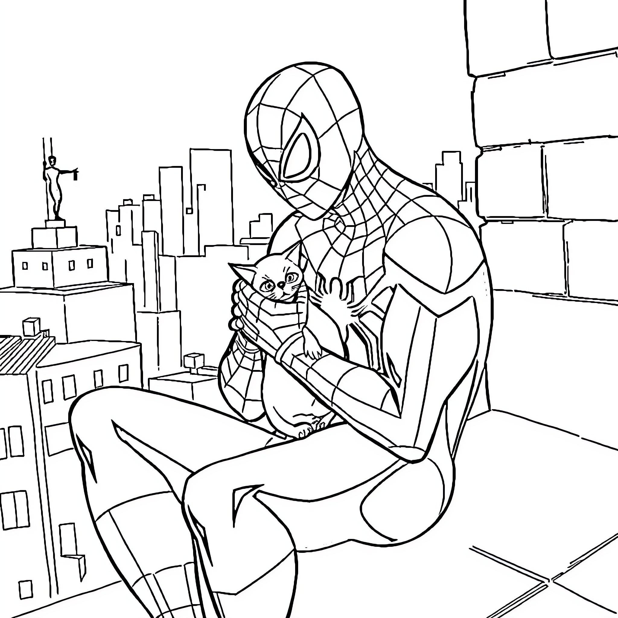 Spider-Man petting a cat in the city Coloring Page (free black-and-white line drawing printable PDF for all, from beginners to advanced learners, including children, teens, adults, and seniors)