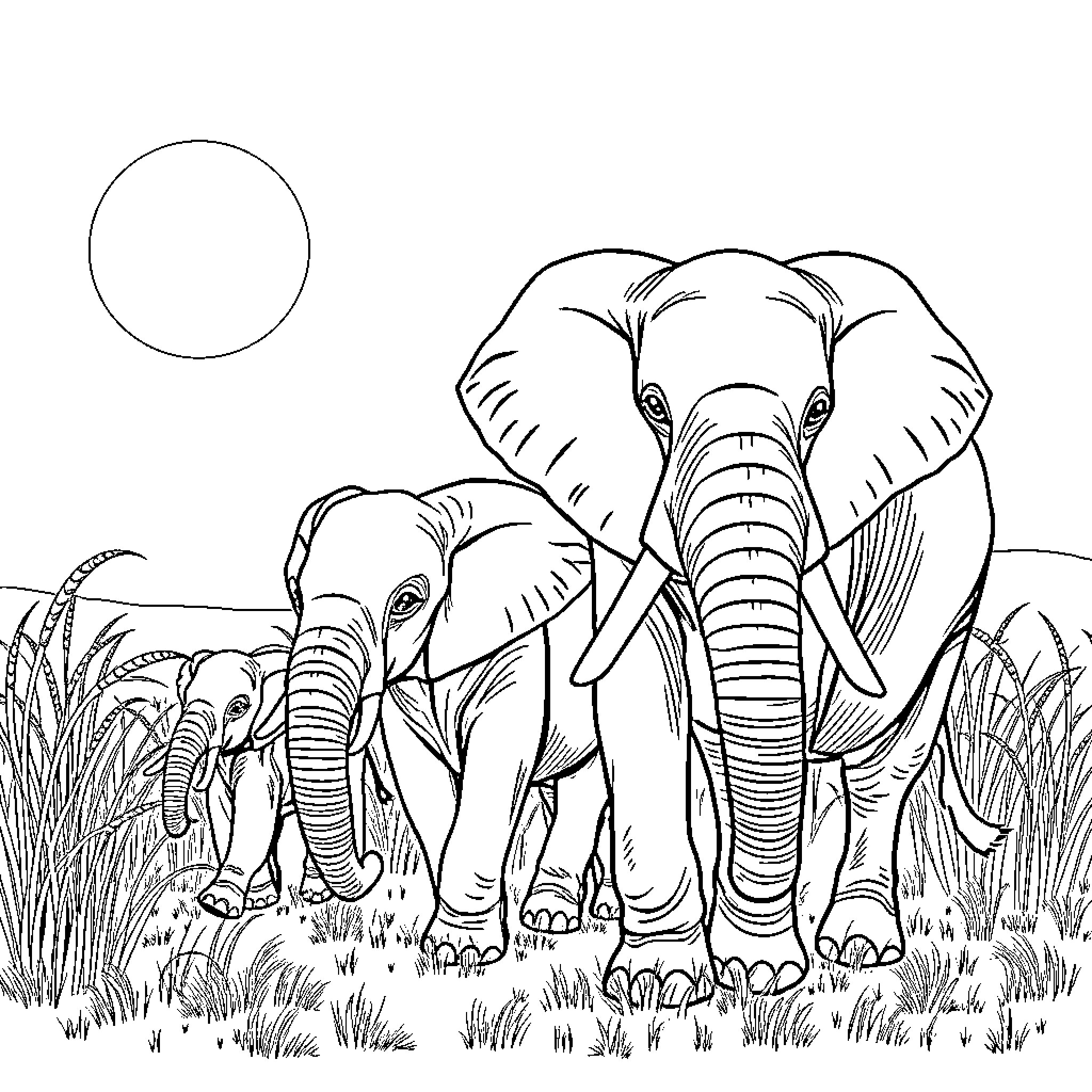 Elephant family walking through the grasslands Coloring Page (free black-and-white line drawing printable PDF for all, from beginners to advanced learners, including children, teens, adults, and seniors)