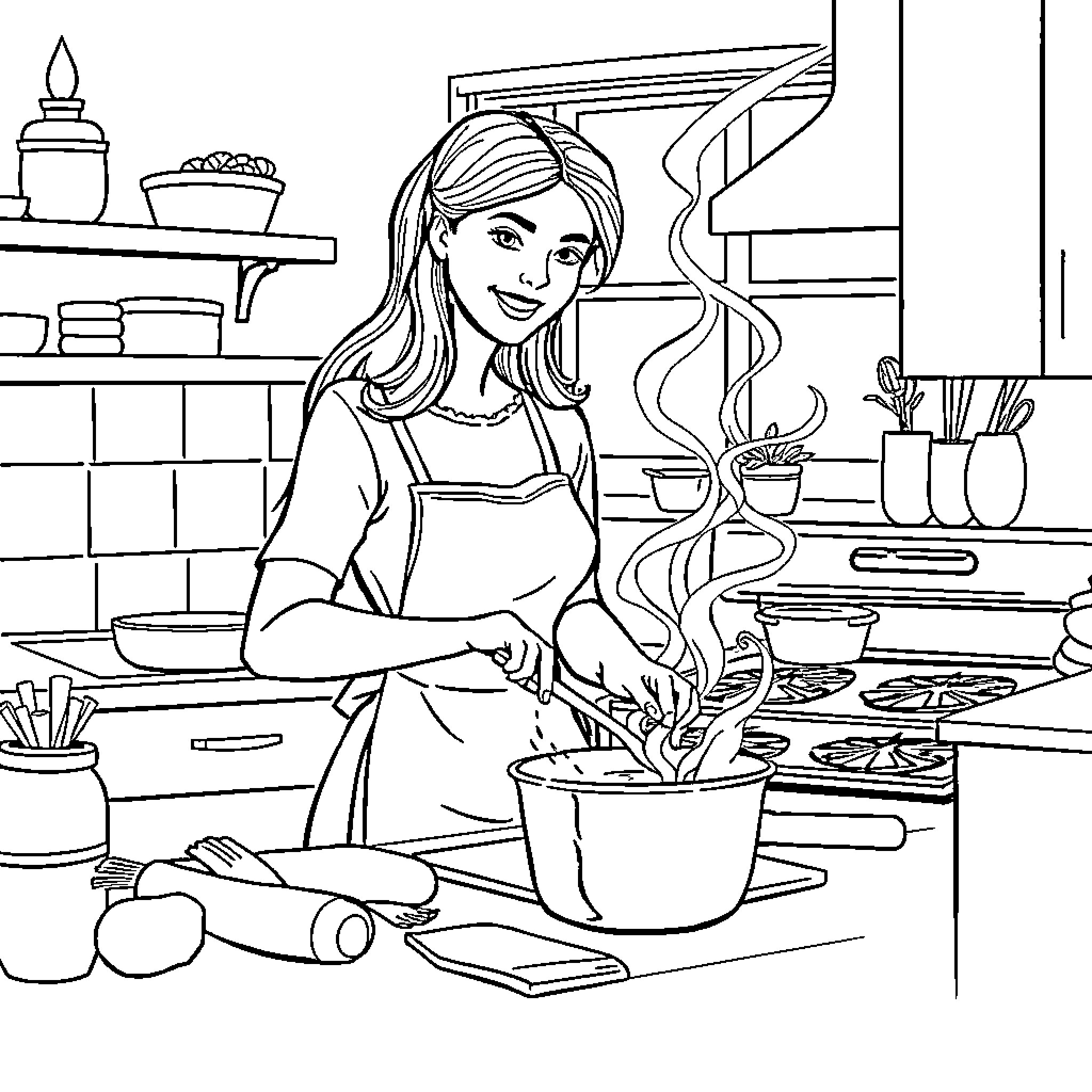 Wife preparing a delicious meal in the kitchen Coloring Page (free black-and-white line drawing printable PDF for all, from beginners to advanced learners, including children, teens, adults, and seniors)