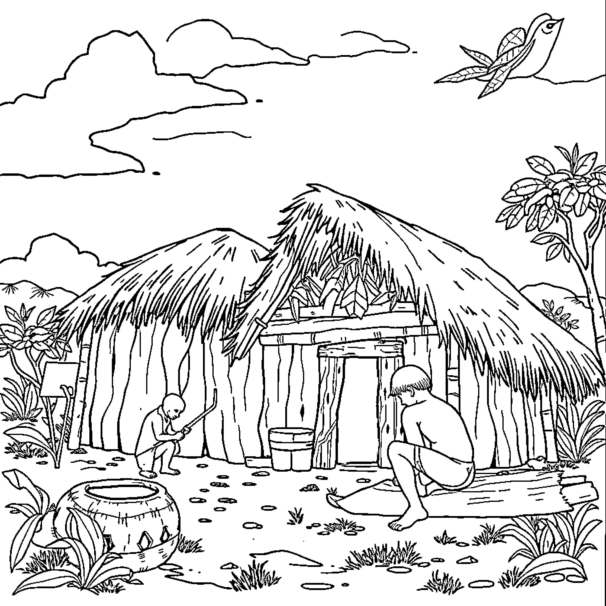 Aborigine Dwelling in Lush Jungle Landscape Coloring Page (free black-and-white line drawing printable PDF for all, from beginners to advanced learners, including children, teens, adults, and seniors)