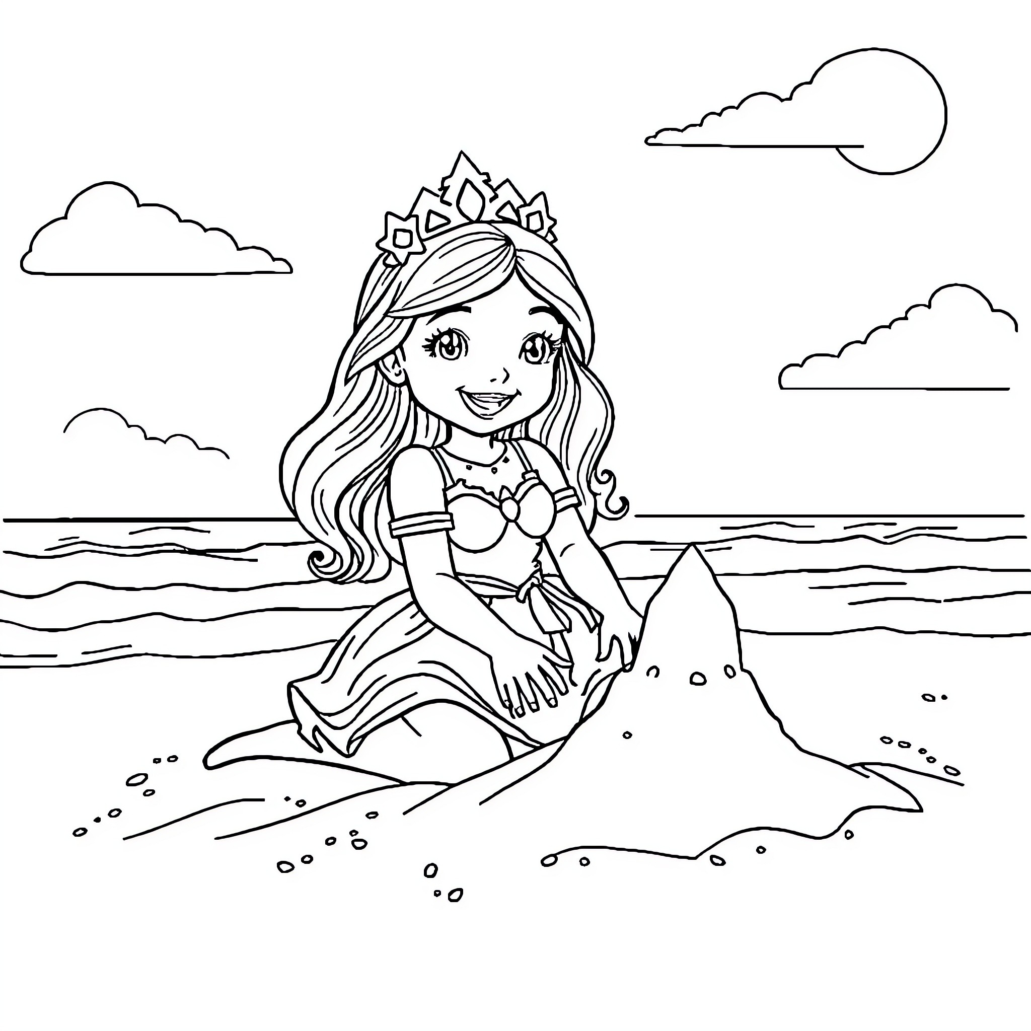 Princess Sitting Peacefully on the Beach Coloring Page (free black-and-white line drawing printable PDF for all, from beginners to advanced learners, including children, teens, adults, and seniors)