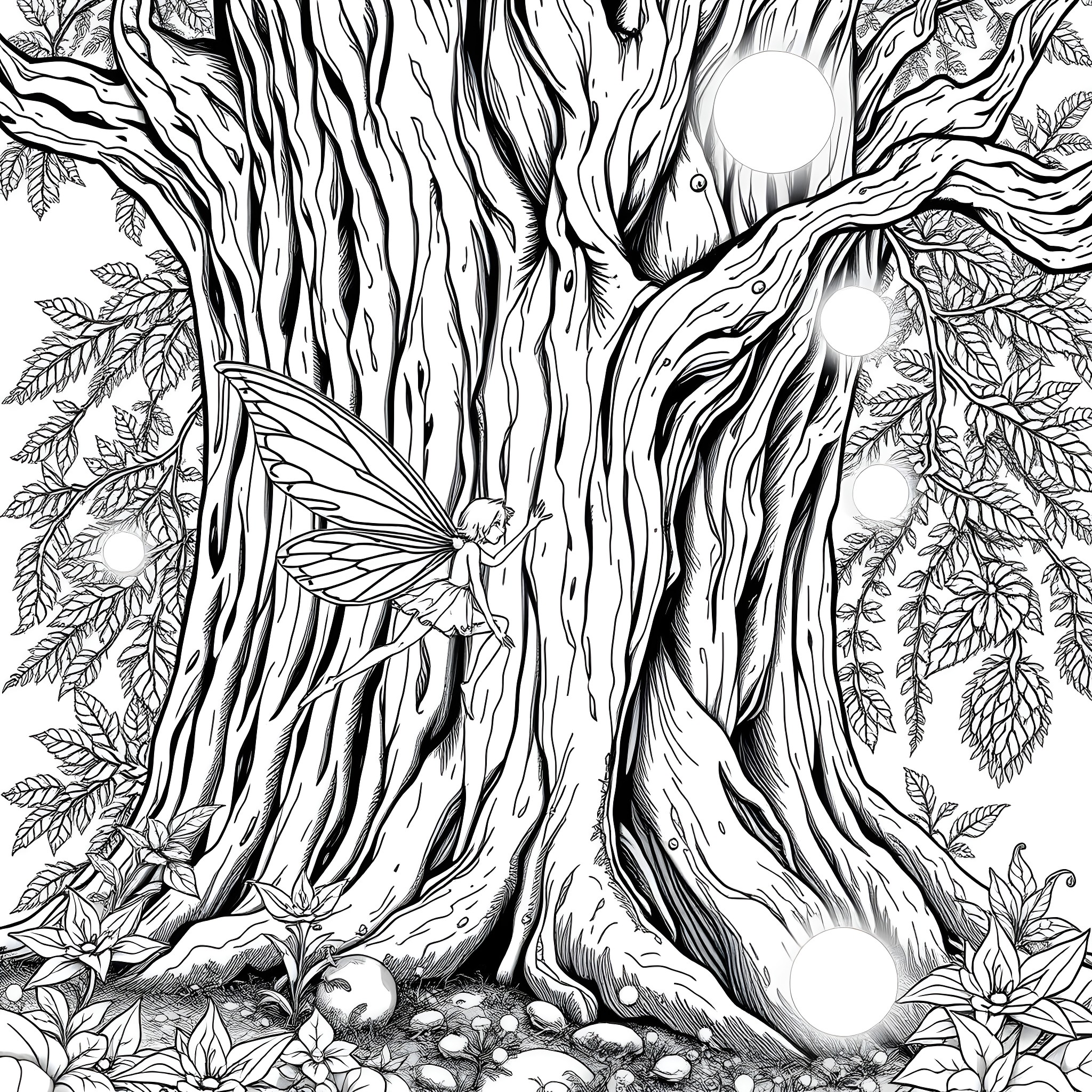 Fairy resting on the enchanted tree in a mystical forest Coloring Page (free black-and-white line drawing printable PDF for all, from beginners to advanced learners, including children, teens, adults, and seniors)