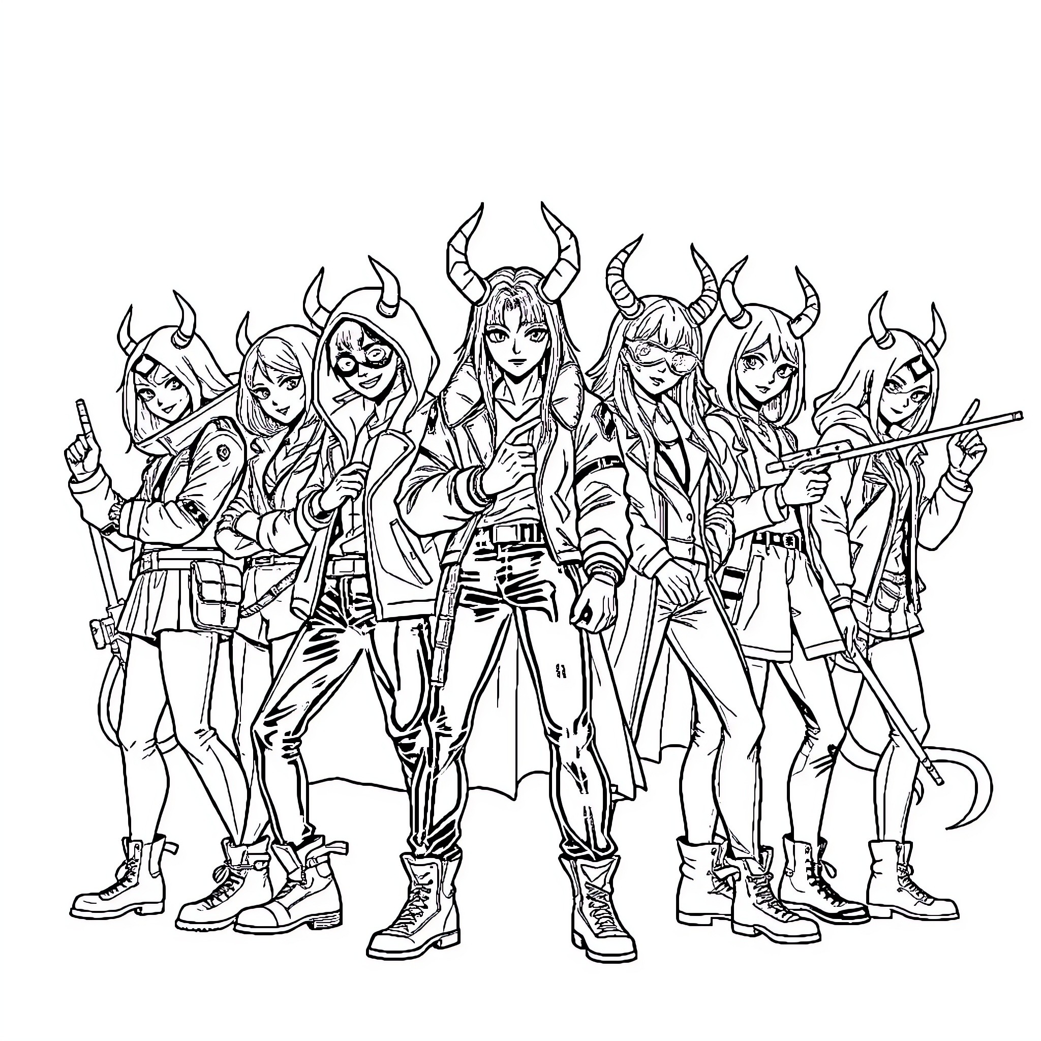 Demon Hunter Squad Ready for Action Coloring Page (free black-and-white line drawing printable PDF for all, from beginners to advanced learners, including children, teens, adults, and seniors)