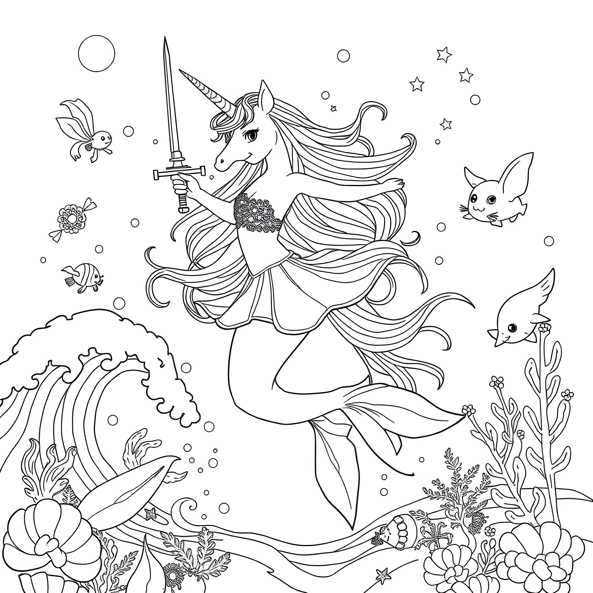 Unicorn Warrior Mermaid Wielding a Sword in the Underwater Reef Coloring Page (free black-and-white line drawing printable PDF for all, from beginners to advanced learners, including children, teens, adults, and seniors)