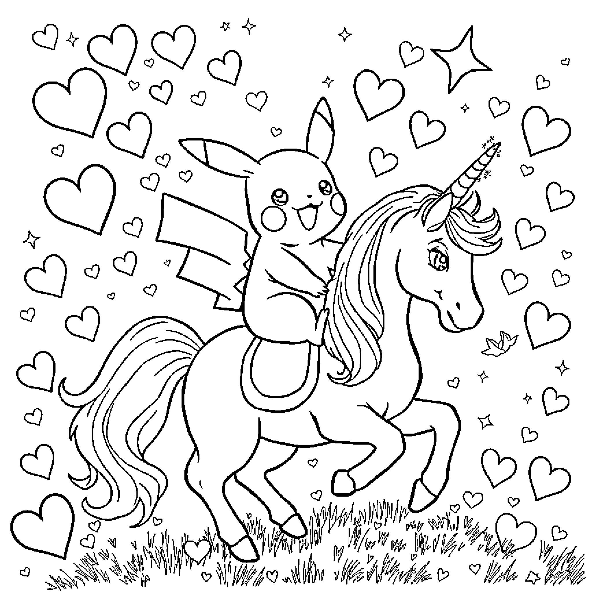 Pikachu playing joyfully with a unicorn surrounded by hearts Coloring Page (free black-and-white line drawing printable PDF for all, from beginners to advanced learners, including children, teens, adults, and seniors)