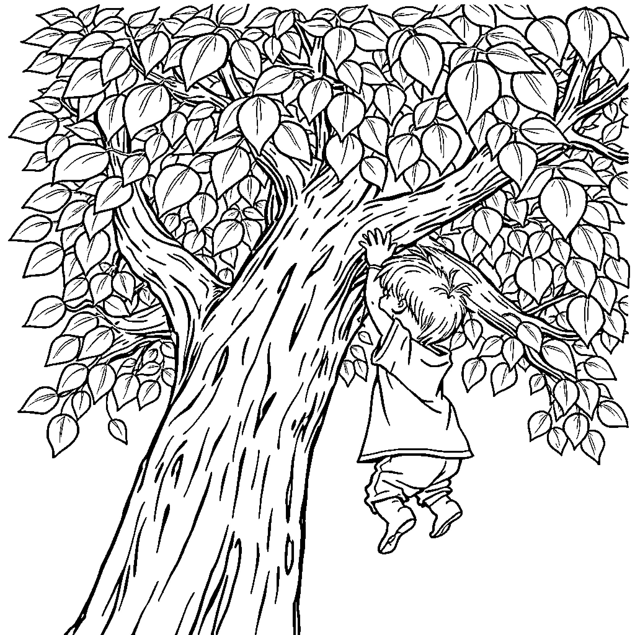 Toddler swinging on a tree branch Coloring Page (free black-and-white line drawing printable PDF for all, from beginners to advanced learners, including children, teens, adults, and seniors)