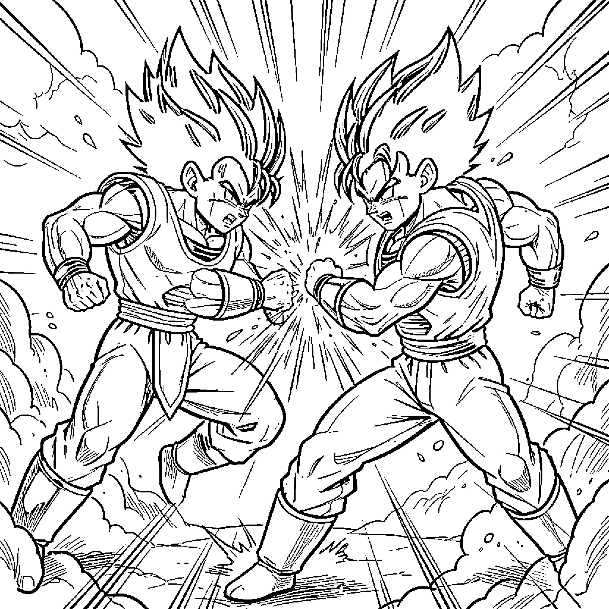 Sangoku and Vegeta engaged in an intense martial arts battle Coloring Page (free black-and-white line drawing printable PDF for all, from beginners to advanced learners, including children, teens, adults, and seniors)