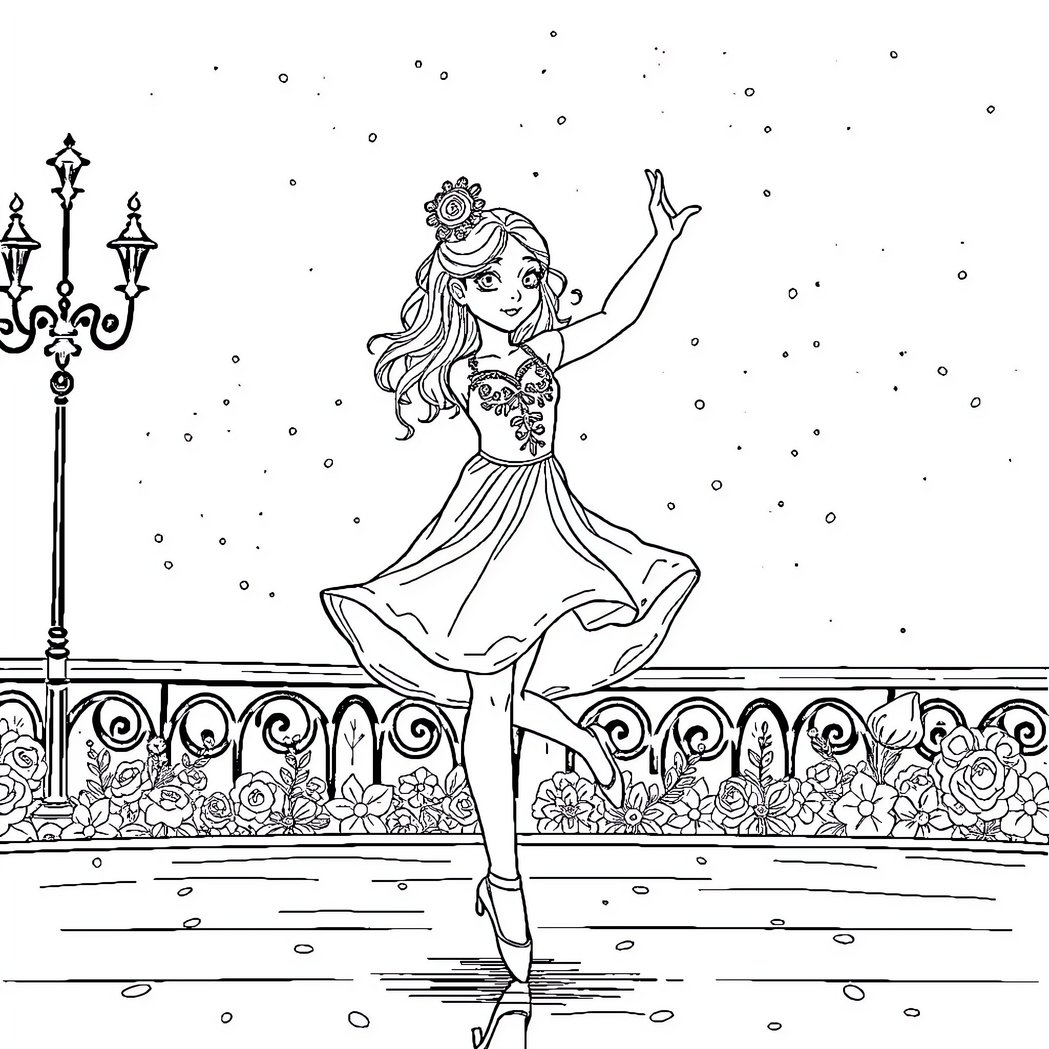 Girl Dancing Joyfully in Winter Wonderland Coloring Page (free black-and-white line drawing printable PDF for all, from beginners to advanced learners, including children, teens, adults, and seniors)