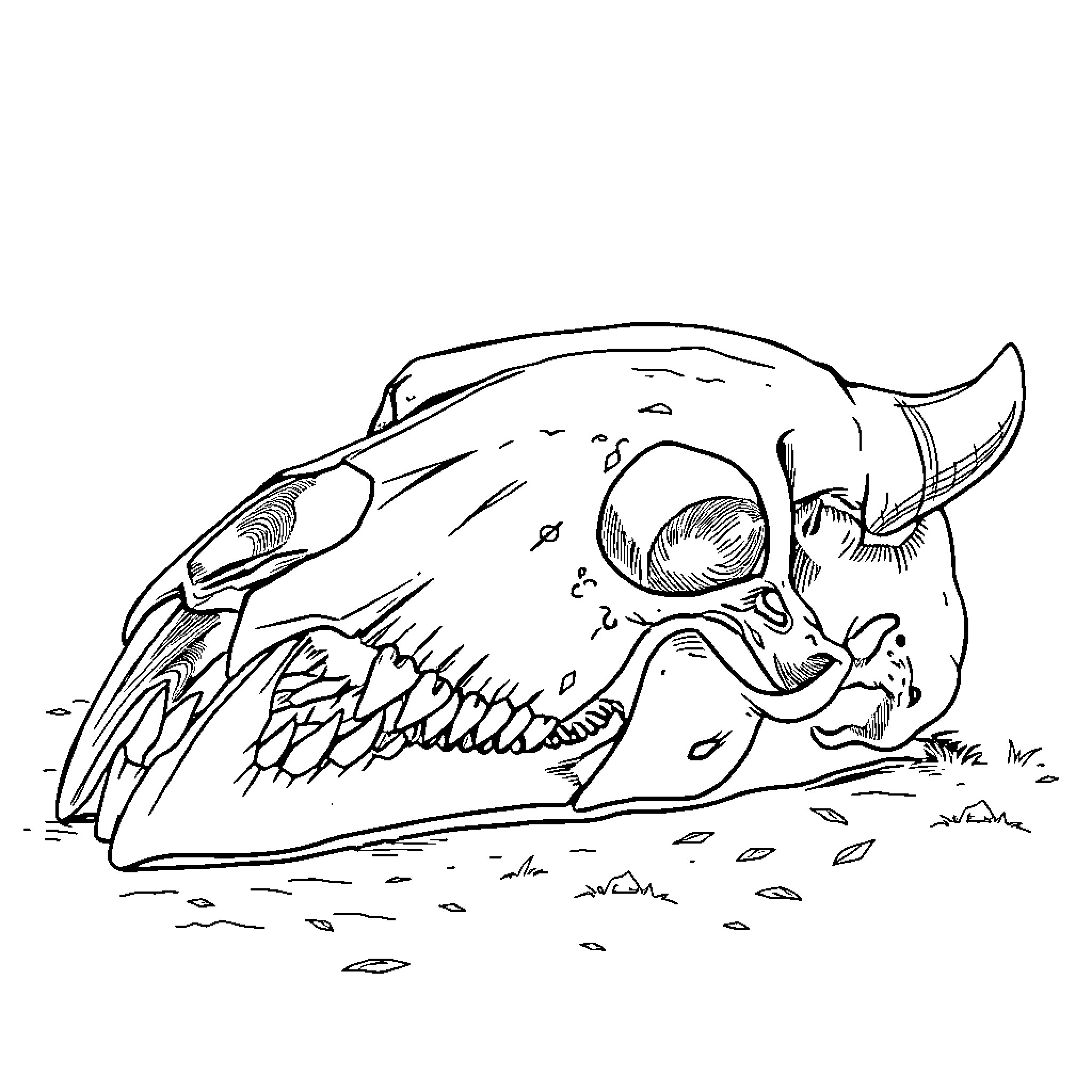 Animal Skull with Cracked Expression Coloring Page (free black-and-white line drawing printable PDF for all, from beginners to advanced learners, including children, teens, adults, and seniors)