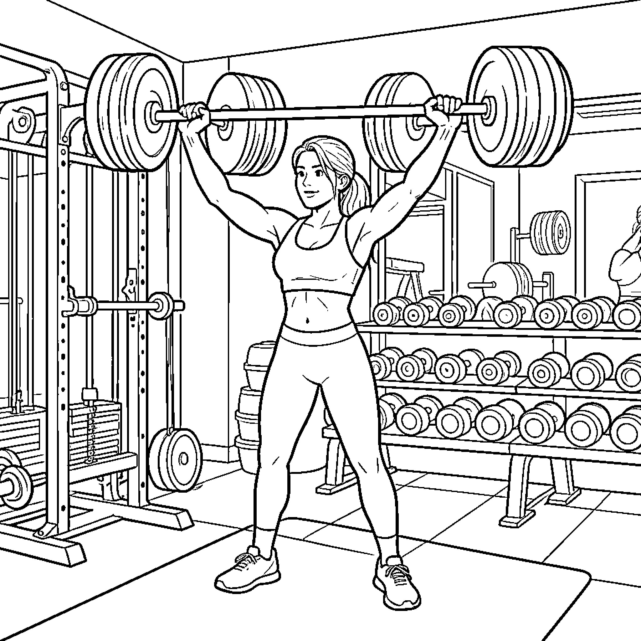 Woman lifting weights in a gym Coloring Page (free black-and-white line drawing printable PDF for all, from beginners to advanced learners, including children, teens, adults, and seniors)