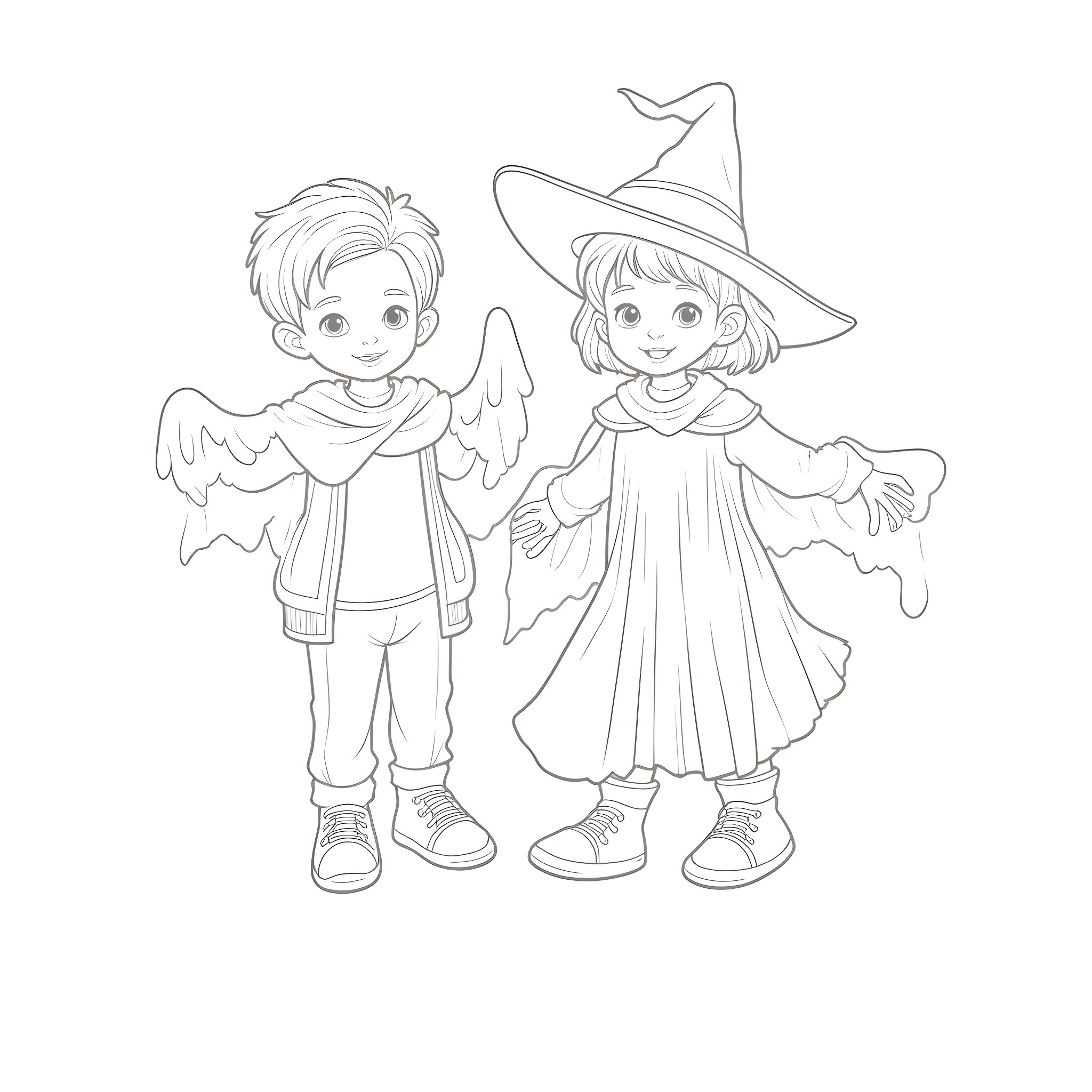 Kid Halloween Costumes of Witch and Angel Coloring Page (free black-and-white line drawing printable PDF for all, from beginners to advanced learners, including children, teens, adults, and seniors)