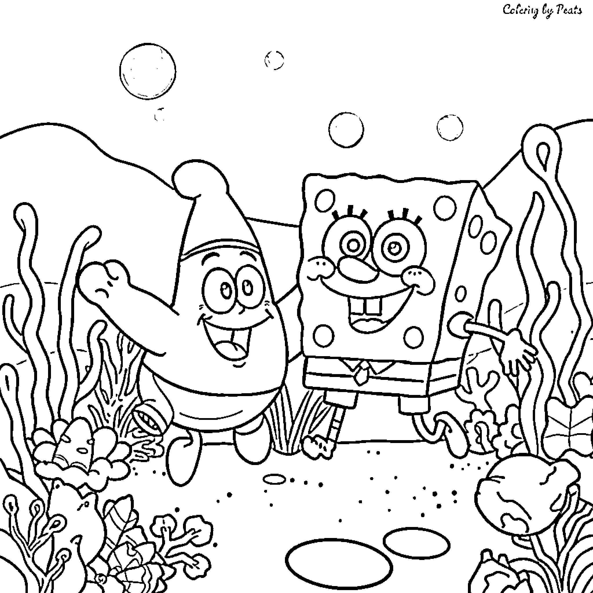 Spongebob and Patrick in an underwater adventure Coloring Page (free black-and-white line drawing printable PDF for all, from beginners to advanced learners, including children, teens, adults, and seniors)