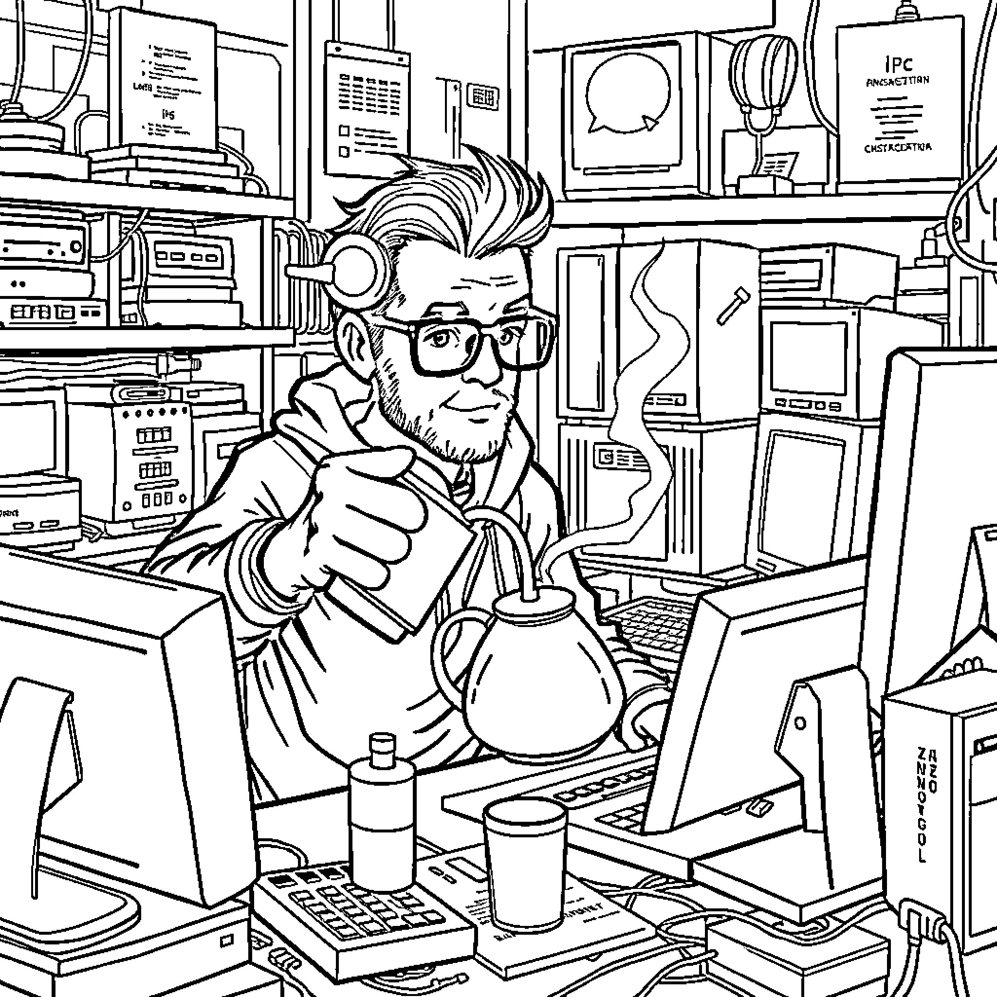 Hacker at work with electronic devices in office Coloring Page (free black-and-white line drawing printable PDF for all, from beginners to advanced learners, including children, teens, adults, and seniors)