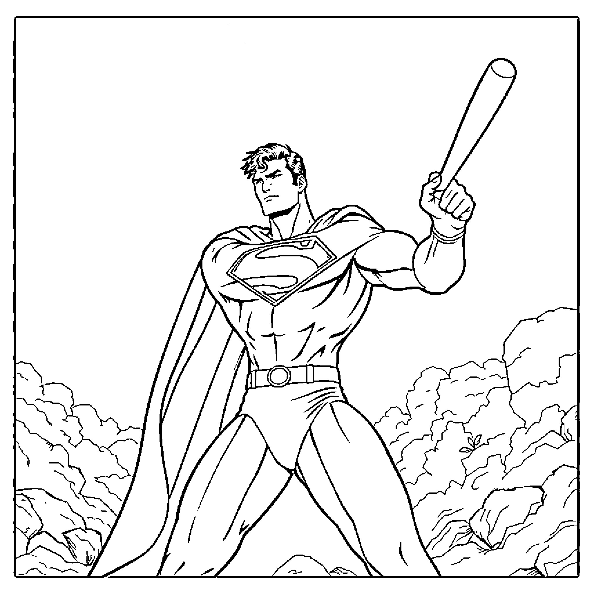 Superman heroically stands against enemy with bravery Coloring Page (free black-and-white line drawing printable PDF for all, from beginners to advanced learners, including children, teens, adults, and seniors)