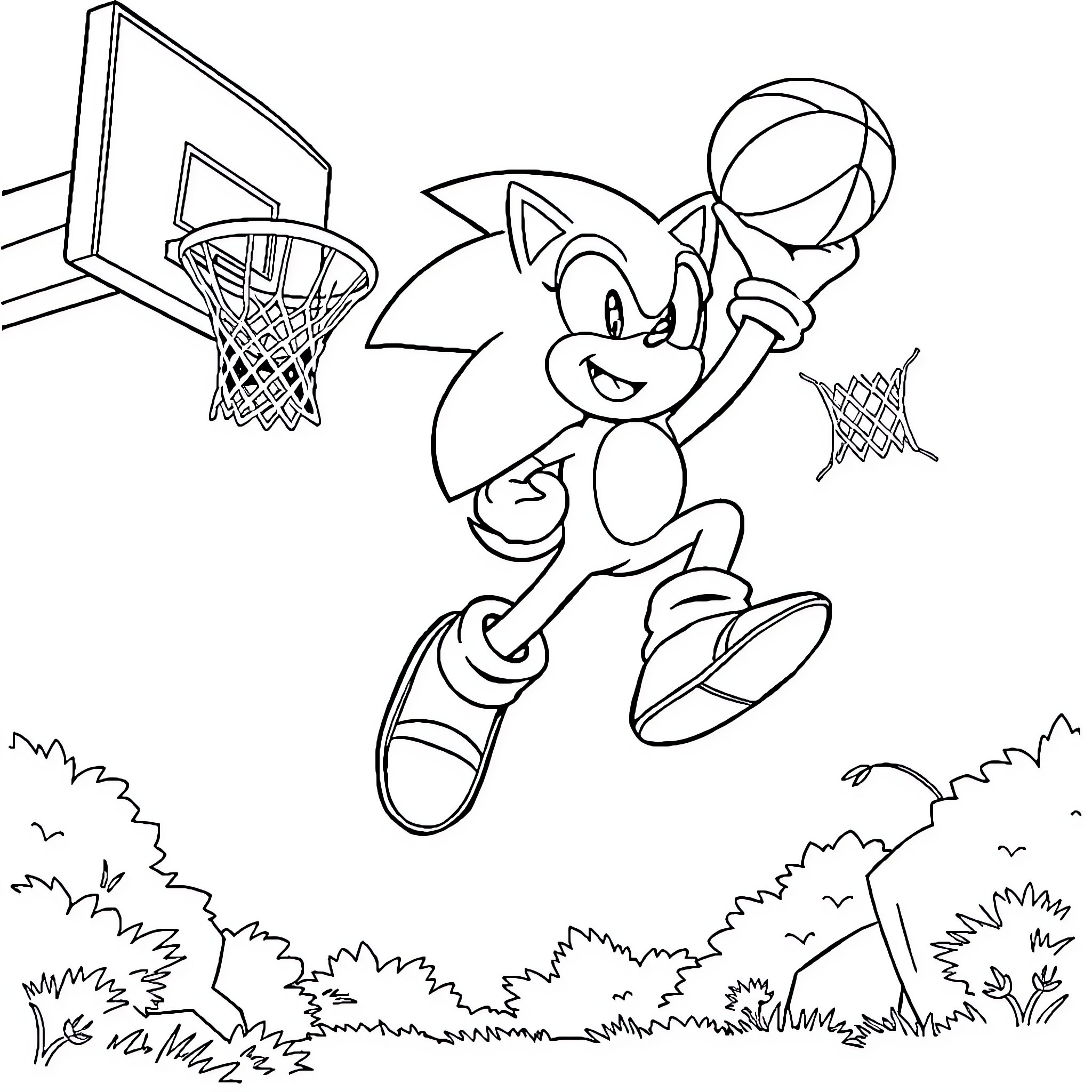 Sonic playing basketball and having fun Coloring Page (free black-and-white line drawing printable PDF for all, from beginners to advanced learners, including children, teens, adults, and seniors)