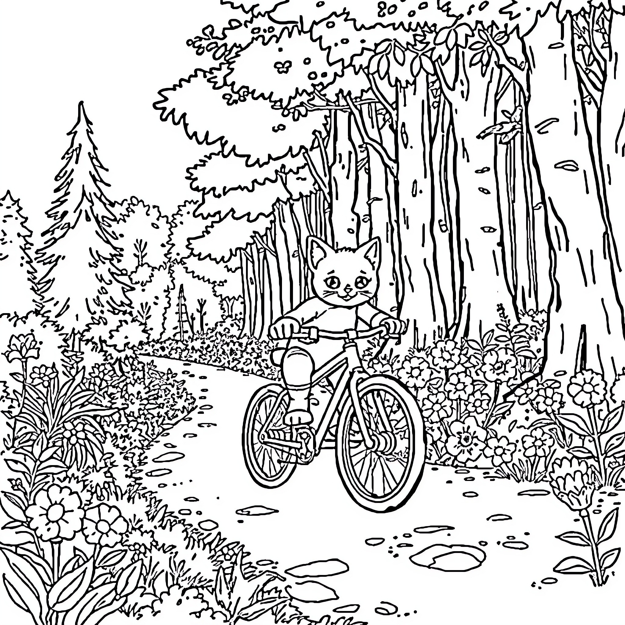 Cat riding bicycle in whimsical forest landscape Coloring Page (free black-and-white line drawing printable PDF for all, from beginners to advanced learners, including children, teens, adults, and seniors)