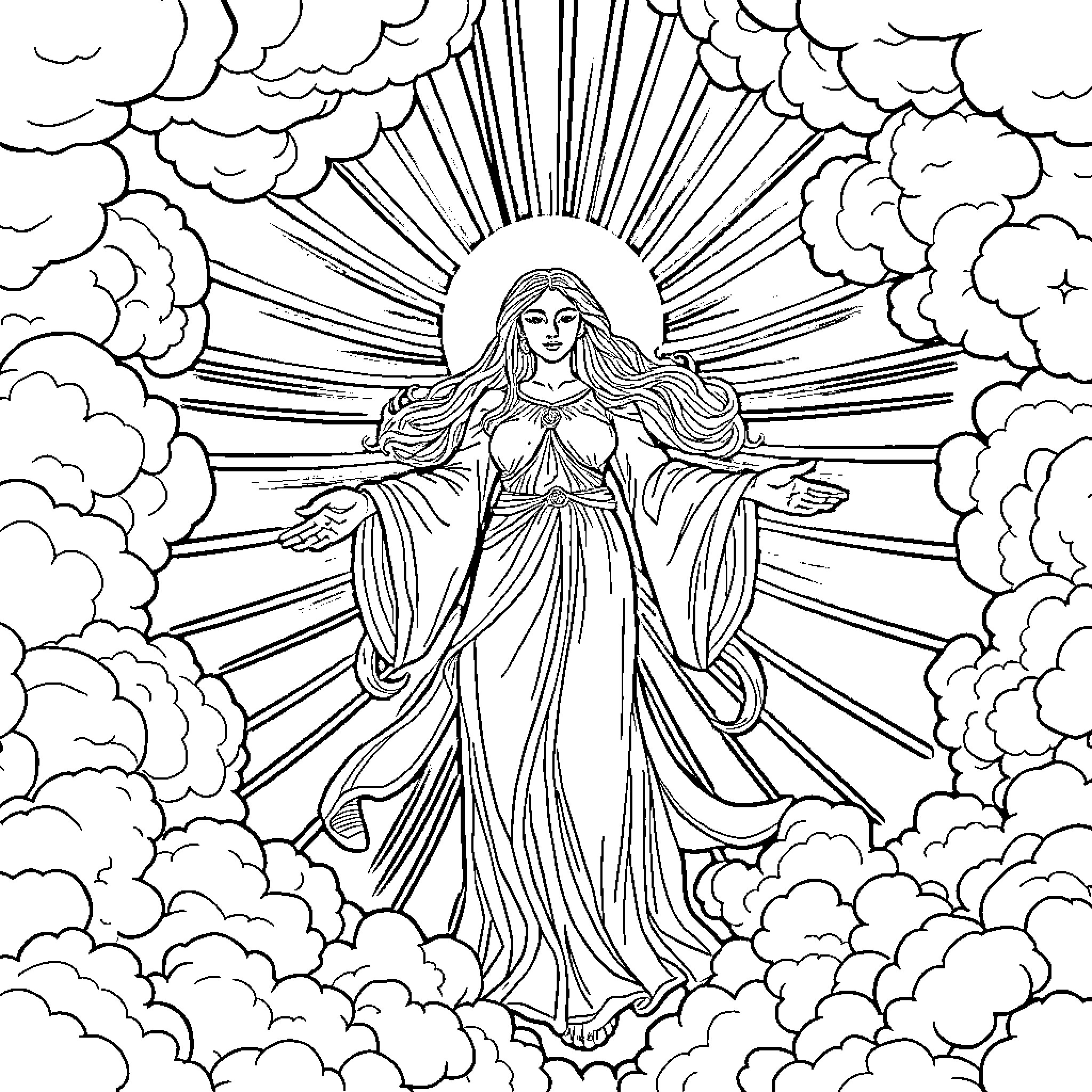 Goddess of the Heavens in Radiant Splendor Coloring Page (free black-and-white line drawing printable PDF for all, from beginners to advanced learners, including children, teens, adults, and seniors)