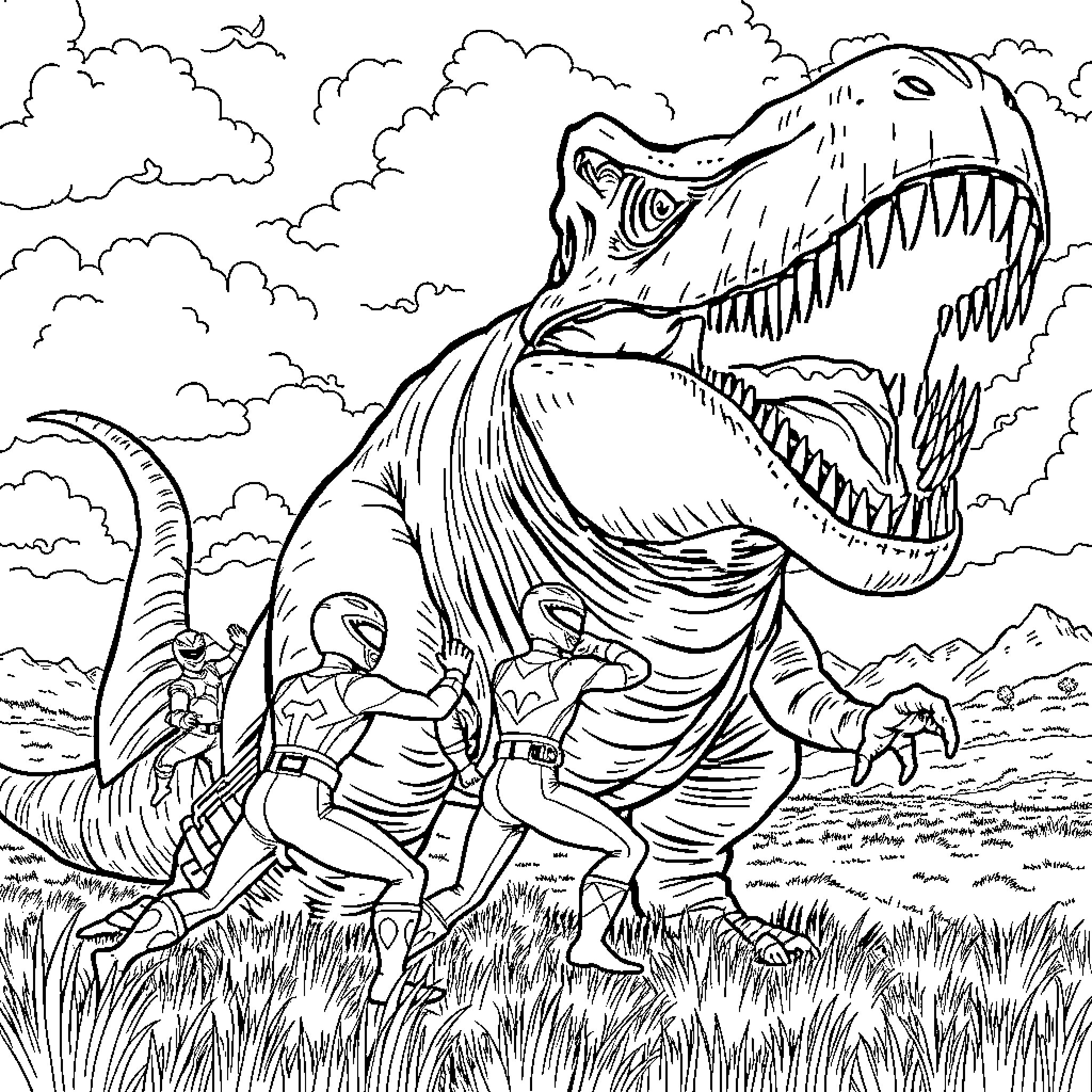 Power Rangers Battling Fearsome Dinosaur Coloring Page (free black-and-white line drawing printable PDF for all, from beginners to advanced learners, including children, teens, adults, and seniors)