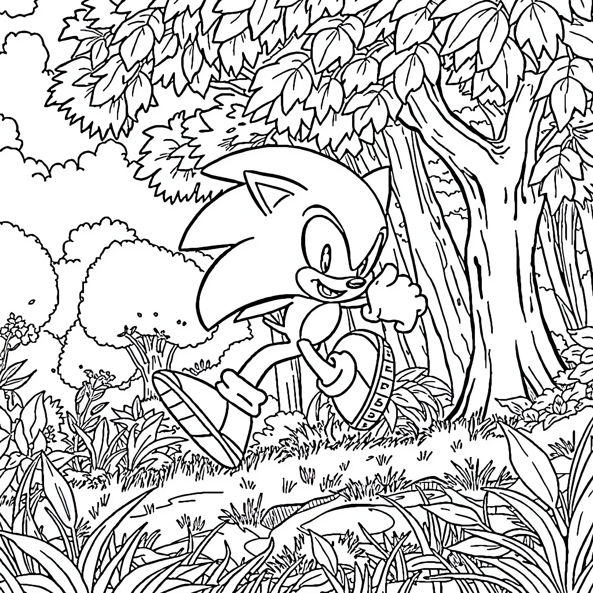 Sonic exploring the enchanted forest Coloring Page (free black-and-white line drawing printable PDF for all, from beginners to advanced learners, including children, teens, adults, and seniors)