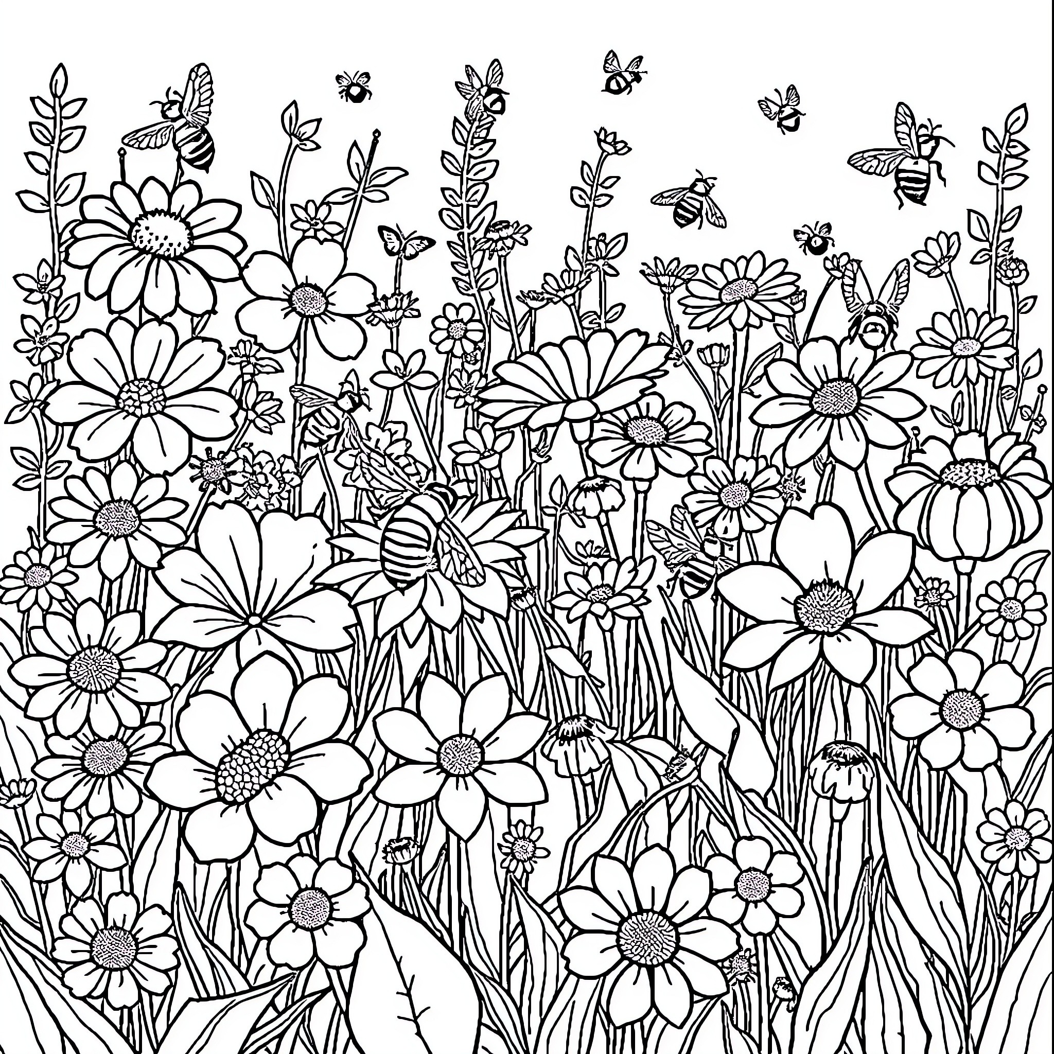 Flower garden filled with blooming flora and buzzing insects Coloring Page (free black-and-white line drawing printable PDF for all, from beginners to advanced learners, including children, teens, adults, and seniors)