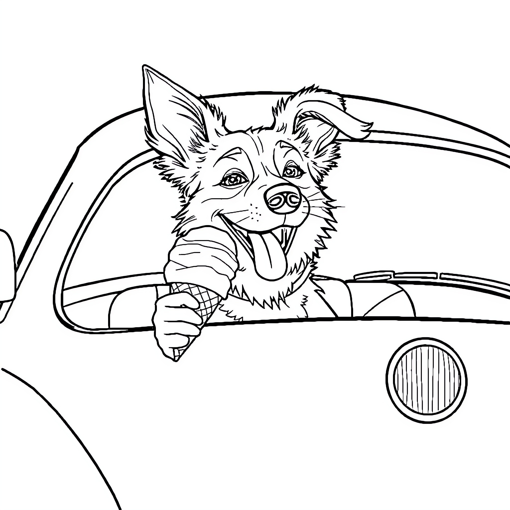 Dog Happily Riding in Car Coloring Page (free black-and-white line drawing printable PDF for all, from beginners to advanced learners, including children, teens, adults, and seniors)