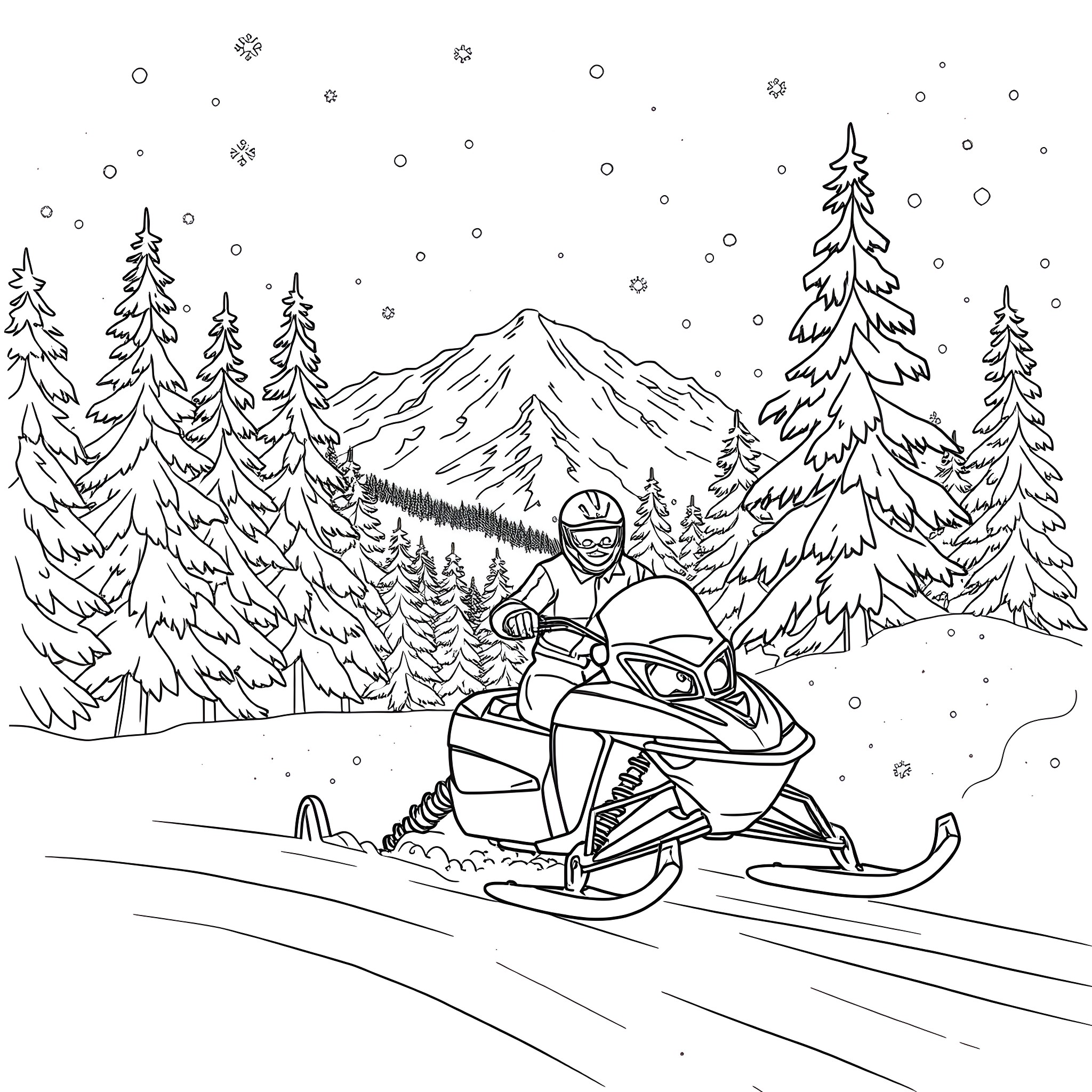 Snowmobile speeding through the snowy landscape Coloring Page (free black-and-white line drawing printable PDF for all, from beginners to advanced learners, including children, teens, adults, and seniors)