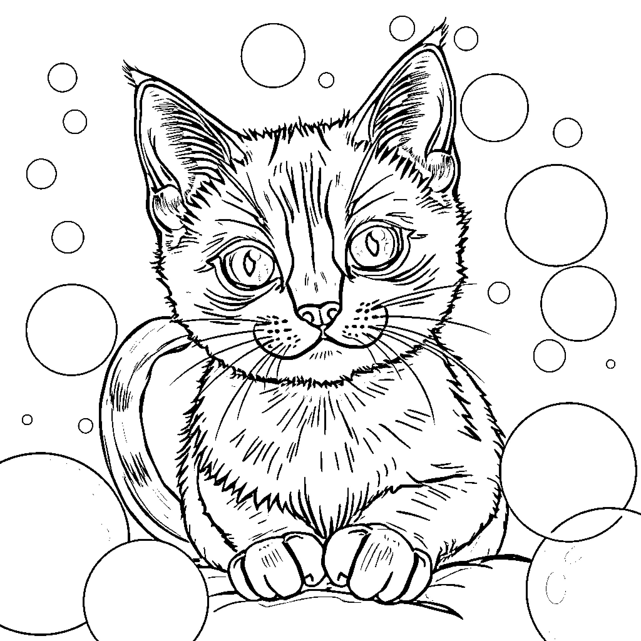 Siamese Cat in a Bubble-Filled Scene Coloring Page (free black-and-white line drawing printable PDF for all, from beginners to advanced learners, including children, teens, adults, and seniors)