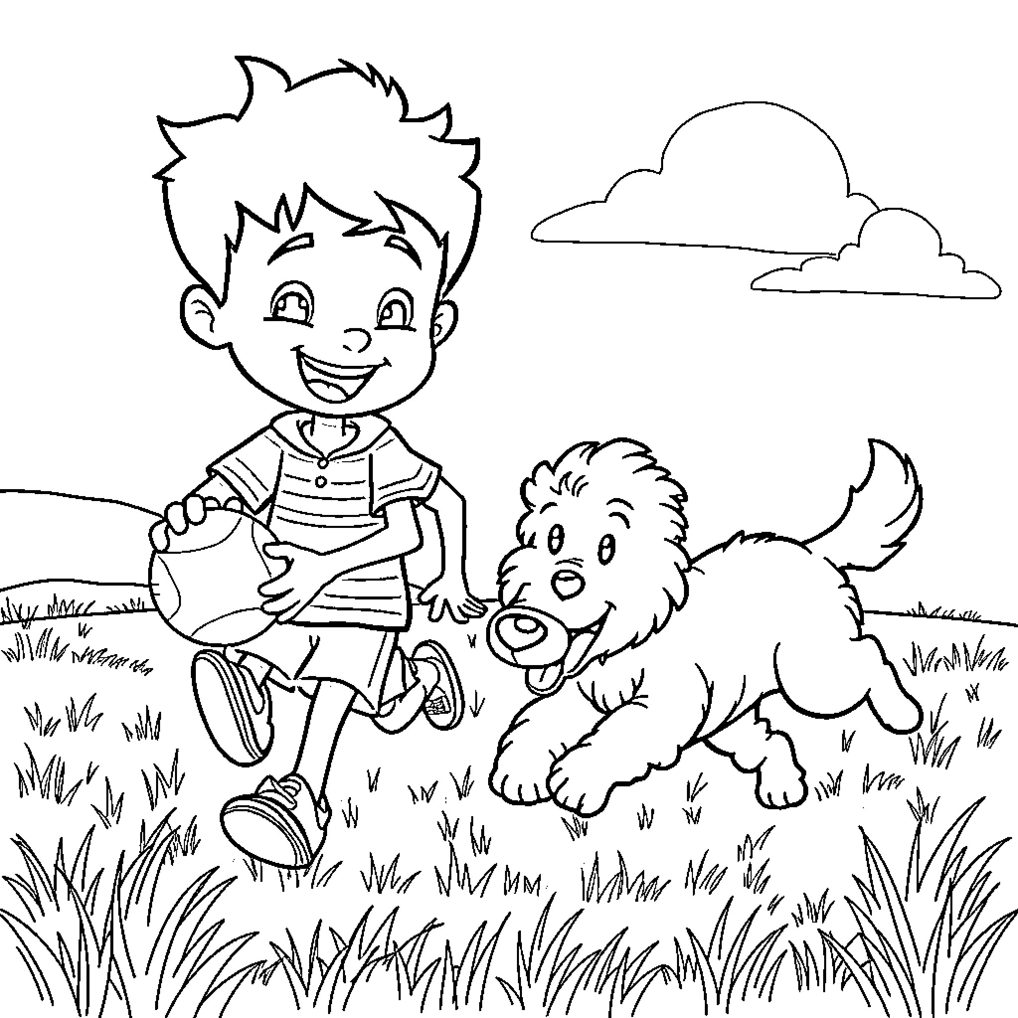 Dog and Boy Exploring Outdoor Adventure Coloring Page (free black-and-white line drawing printable PDF for all, from beginners to advanced learners, including children, teens, adults, and seniors)