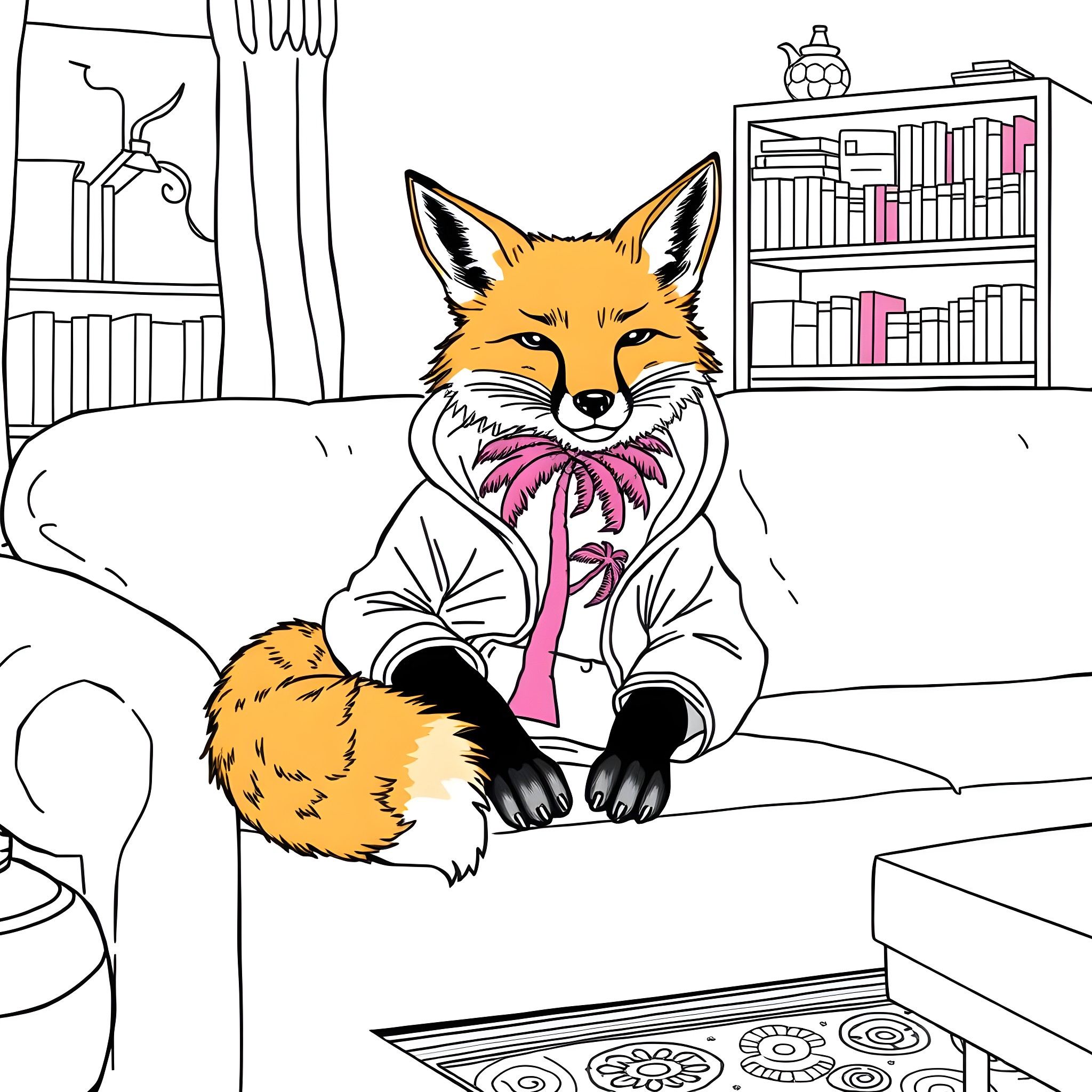 Fox wearing a cozy robe relaxing in a cozy home Coloring Page (free black-and-white line drawing printable PDF for all, from beginners to advanced learners, including children, teens, adults, and seniors)