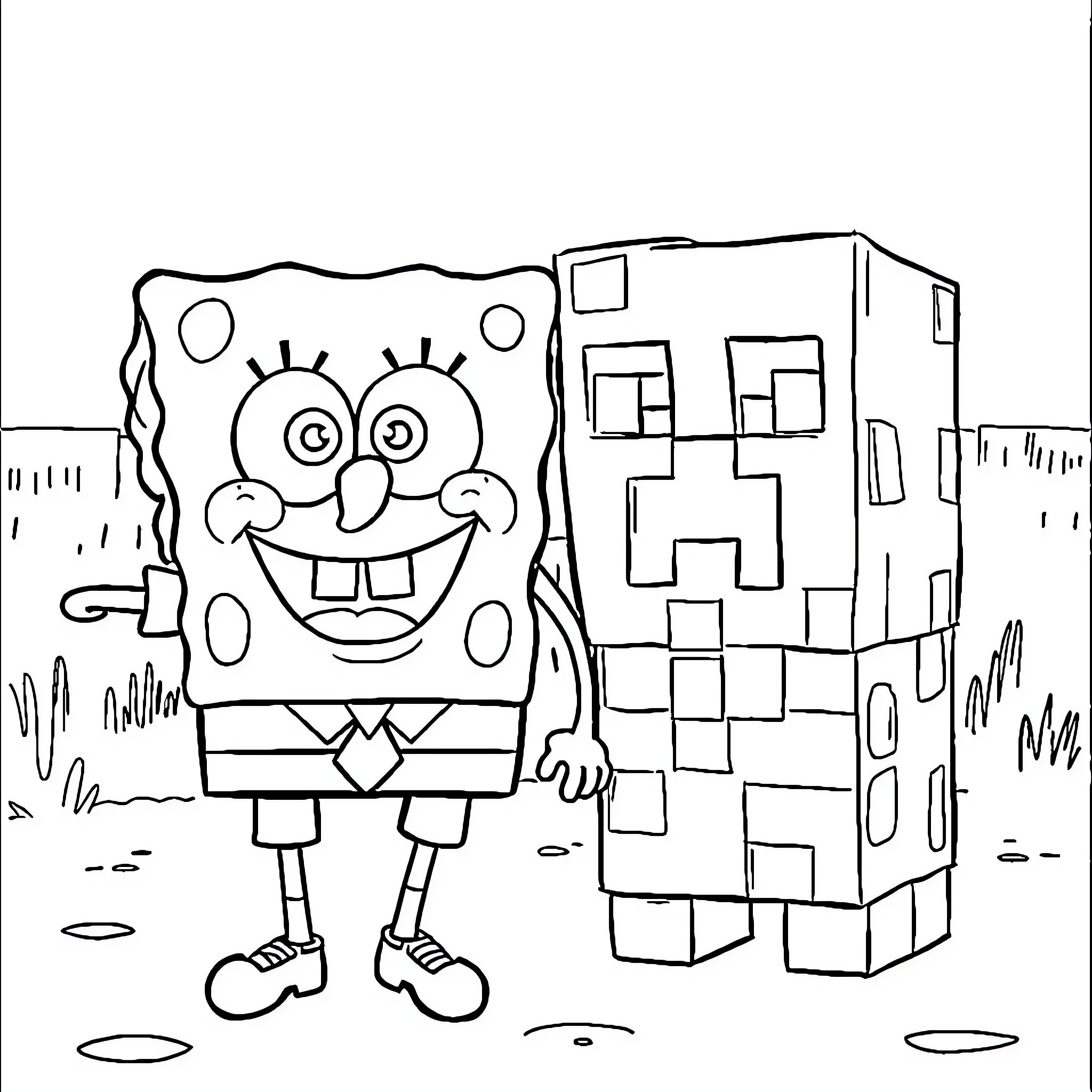 Spongebob interacting with Minecraft character in outdoor setting Coloring Page (free black-and-white line drawing printable PDF for all, from beginners to advanced learners, including children, teens, adults, and seniors)