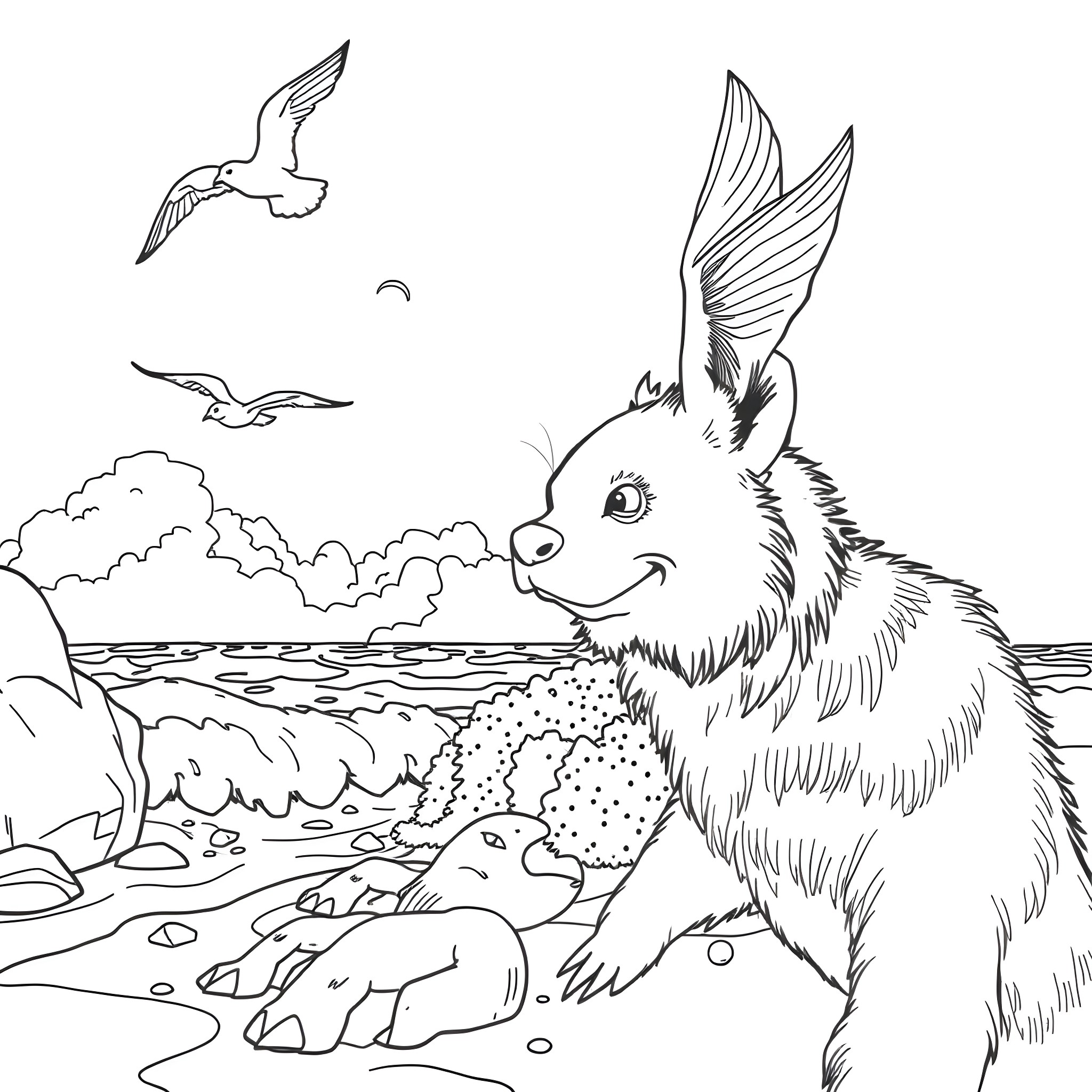 Schnauzer enjoying a peaceful day at the beach Coloring Page (free black-and-white line drawing printable PDF for all, from beginners to advanced learners, including children, teens, adults, and seniors)