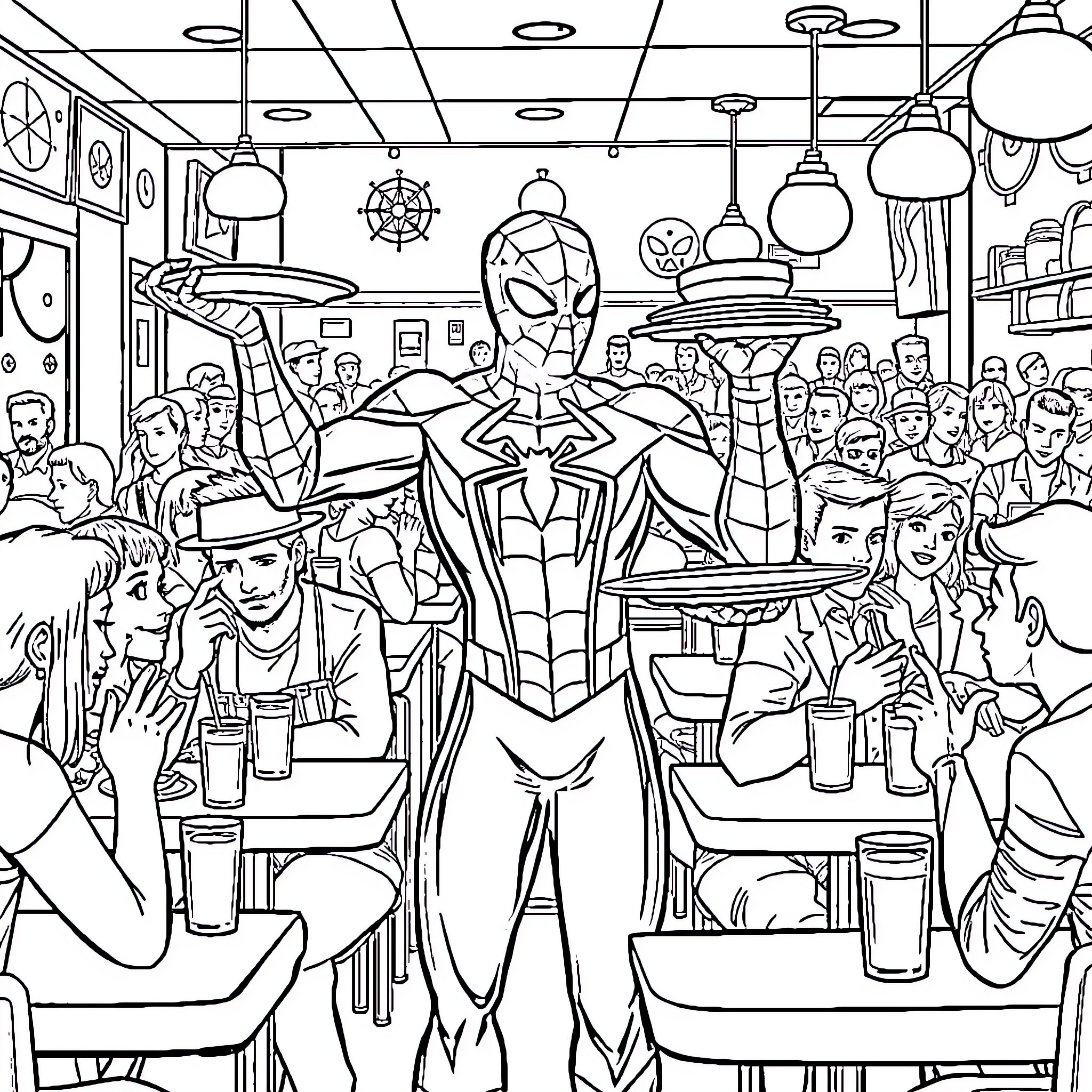 Spiderman in a crowded diner scene Coloring Page (free black-and-white line drawing printable PDF for all, from beginners to advanced learners, including children, teens, adults, and seniors)