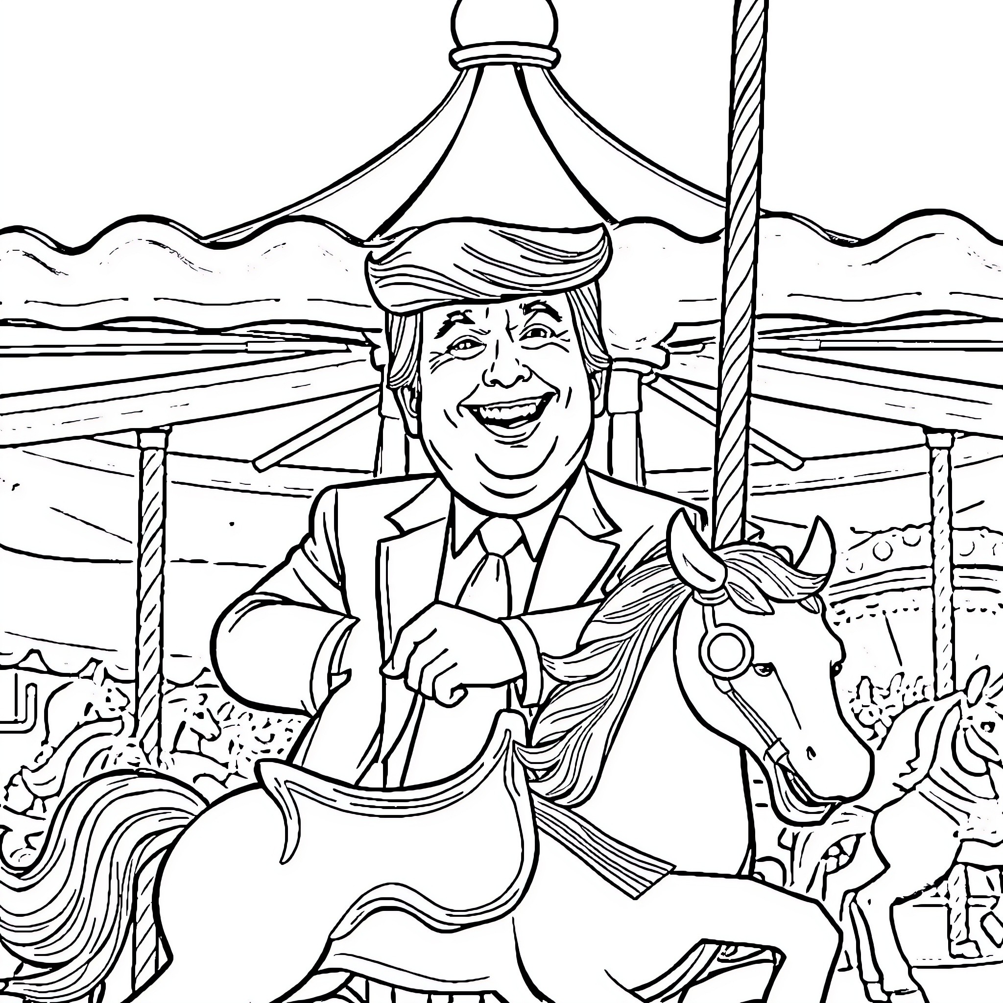 Trump Riding Carousel Horse with Exuberant Expression Coloring Page (free black-and-white line drawing printable PDF for all, from beginners to advanced learners, including children, teens, adults, and seniors)