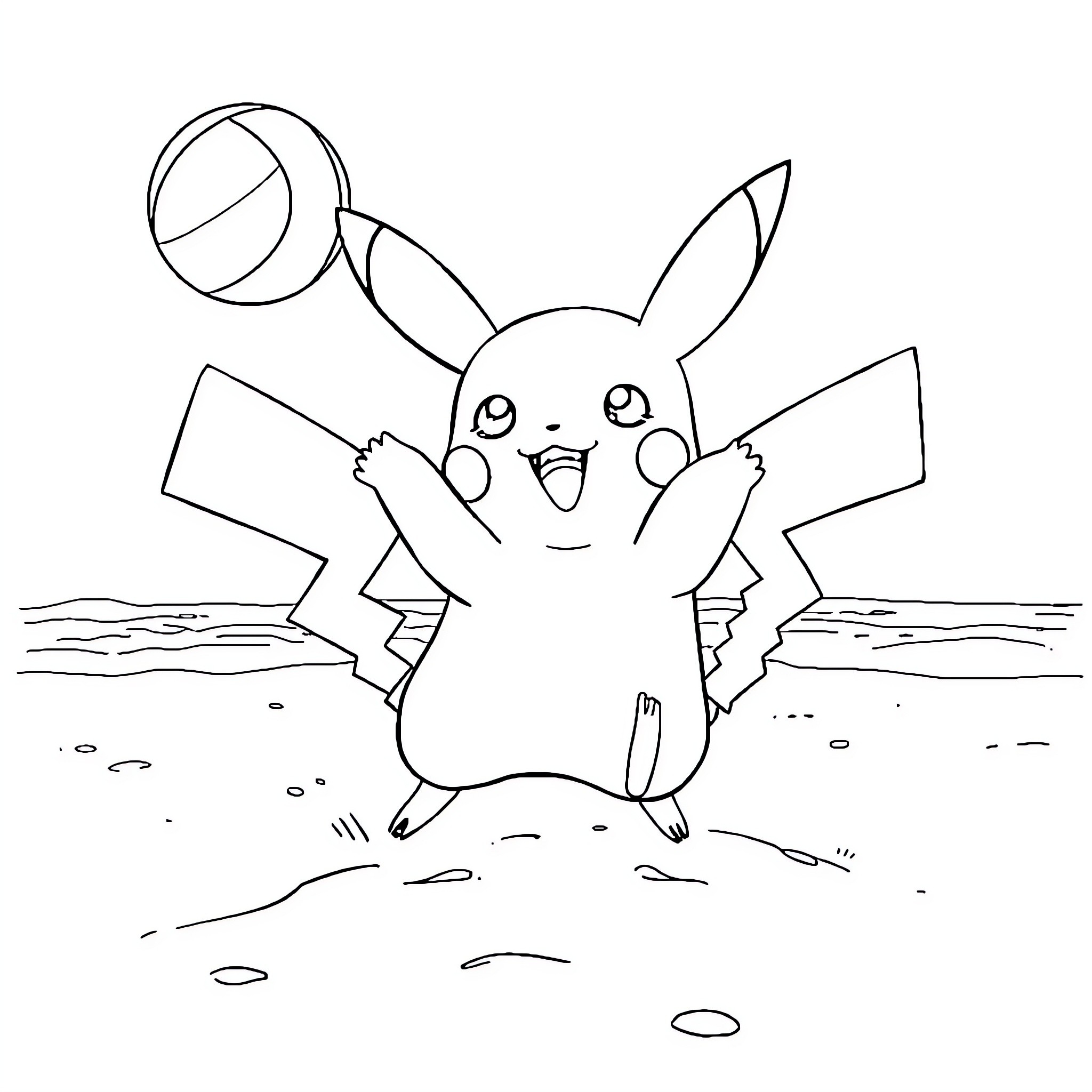 Pikachu playing happily with a ball Coloring Page (free black-and-white line drawing printable PDF for all, from beginners to advanced learners, including children, teens, adults, and seniors)