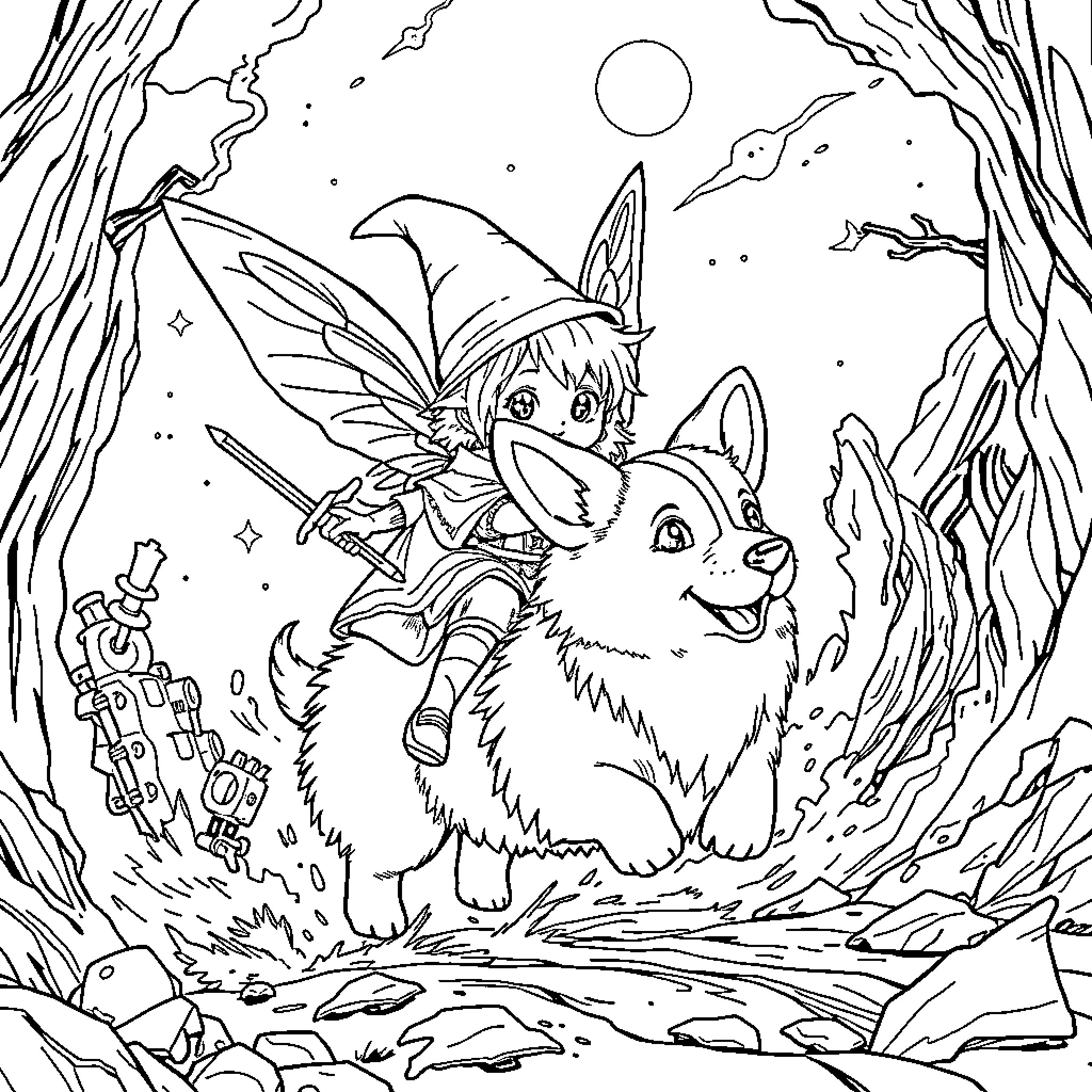 Pixie riding a wolf in a fantasy forest Coloring Page (free black-and-white line drawing printable PDF for all, from beginners to advanced learners, including children, teens, adults, and seniors)