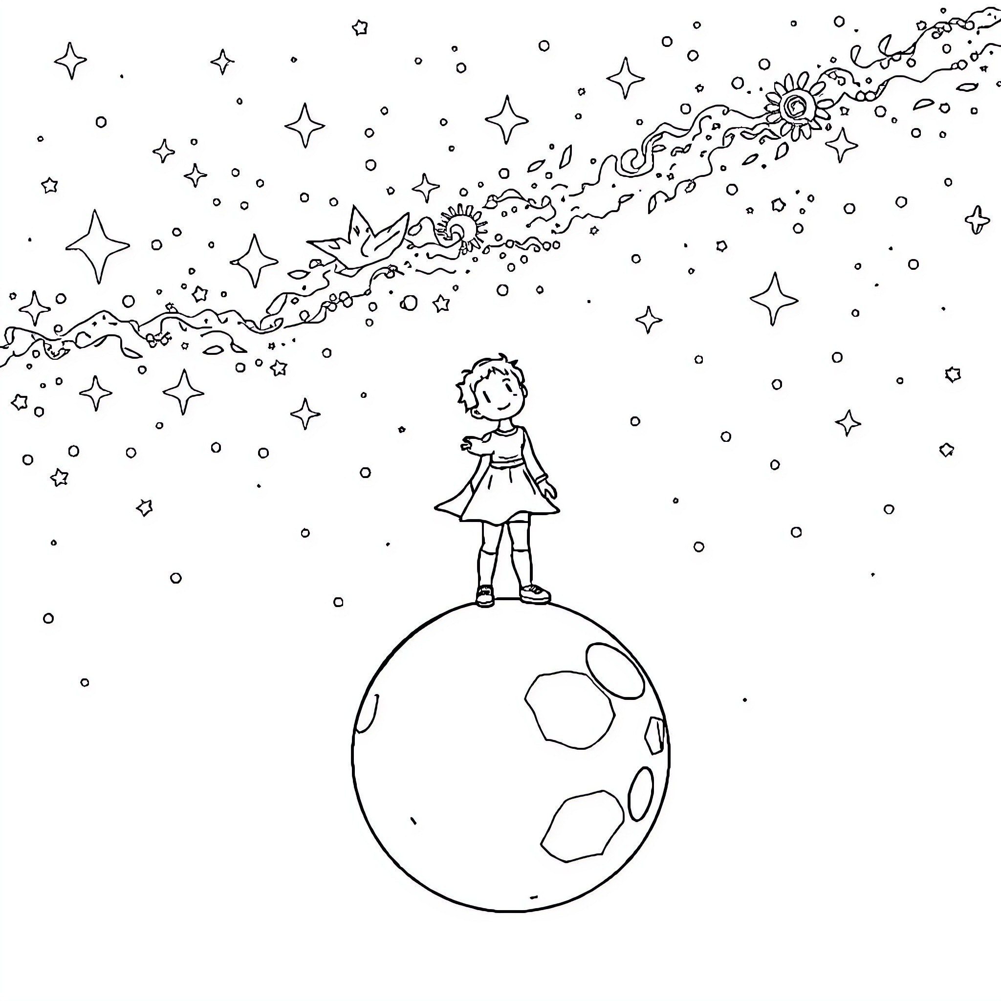 Prince gazing at the starry night sky Coloring Page (free black-and-white line drawing printable PDF for all, from beginners to advanced learners, including children, teens, adults, and seniors)